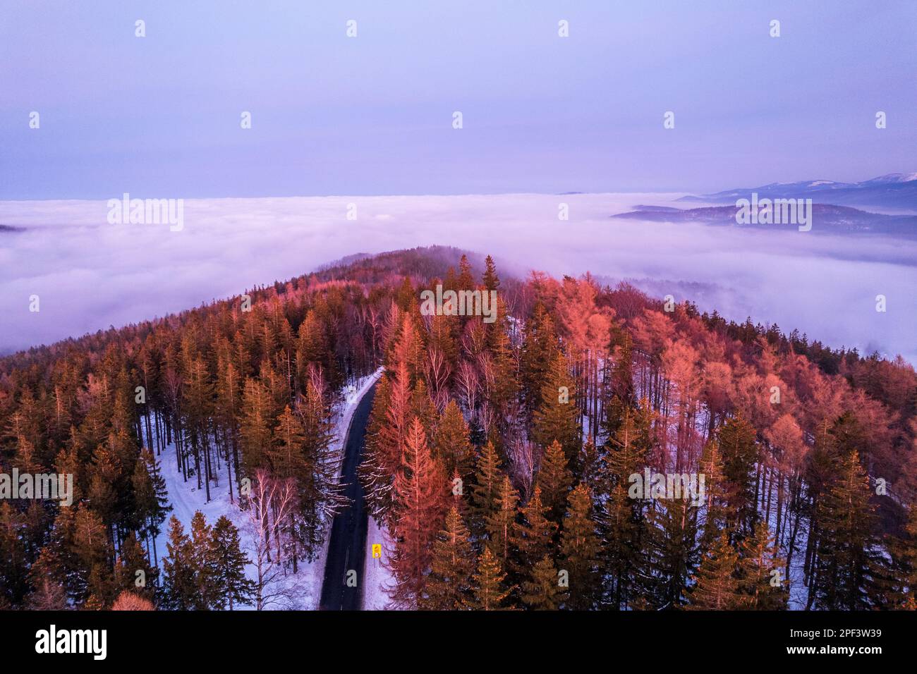 Aerial view of sunrise in Karkonosze mountains during winter Stock Photo