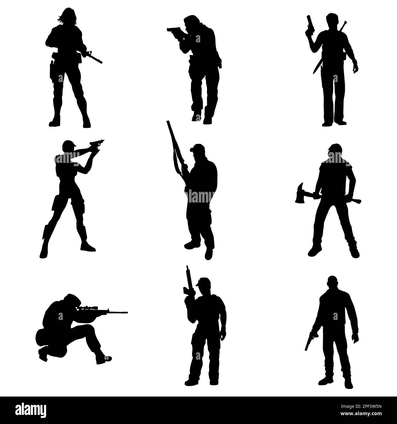 A set of silhouettes of special forces or modern soldiers. Black and white illustration. Different poses, weapons and ammunition Stock Photo