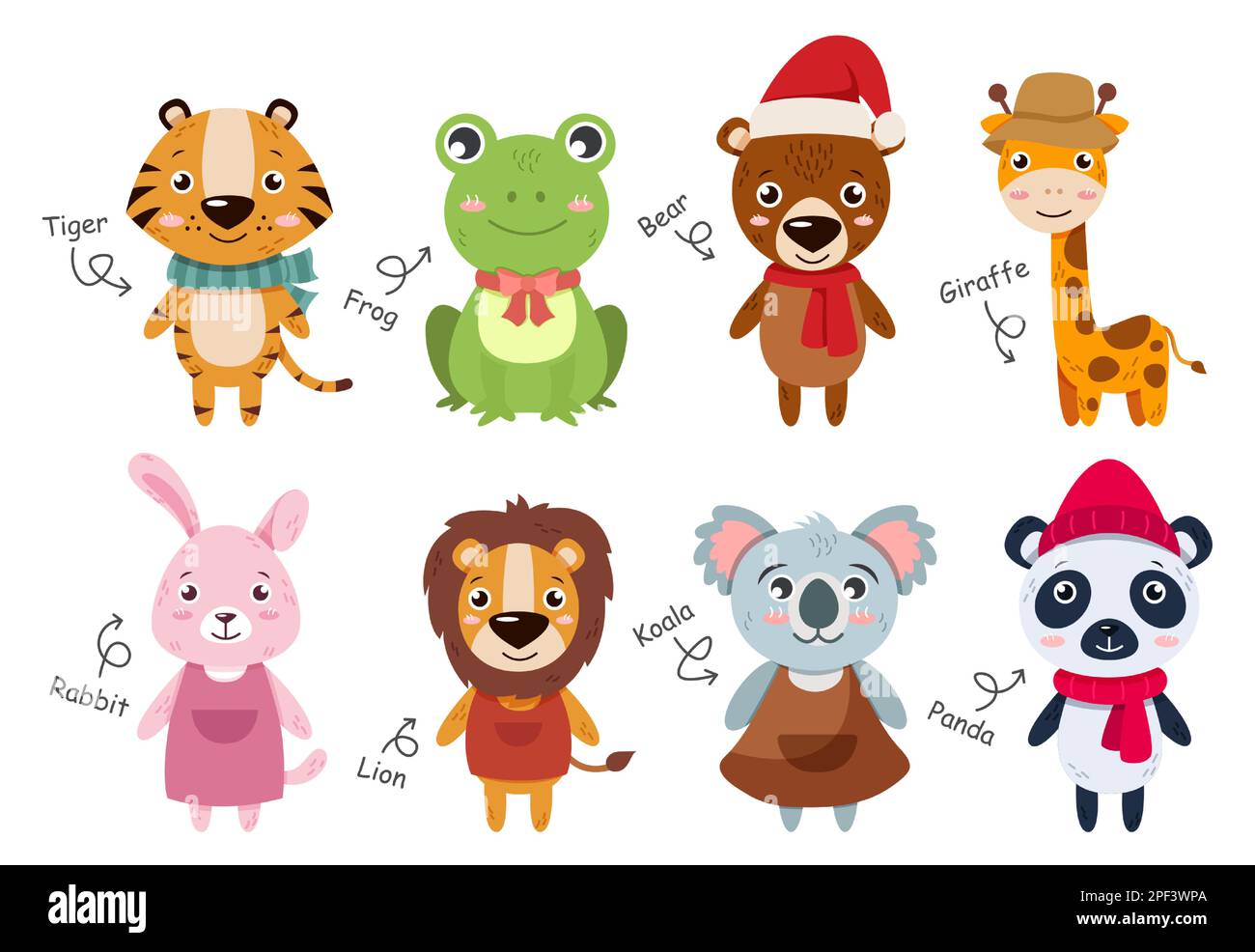 Wildlife animals collection . Flat design cartoon characters . Tiger Frog Bear Giraffe Rabbit Lion Koala Panda . Vector . Stock Vector