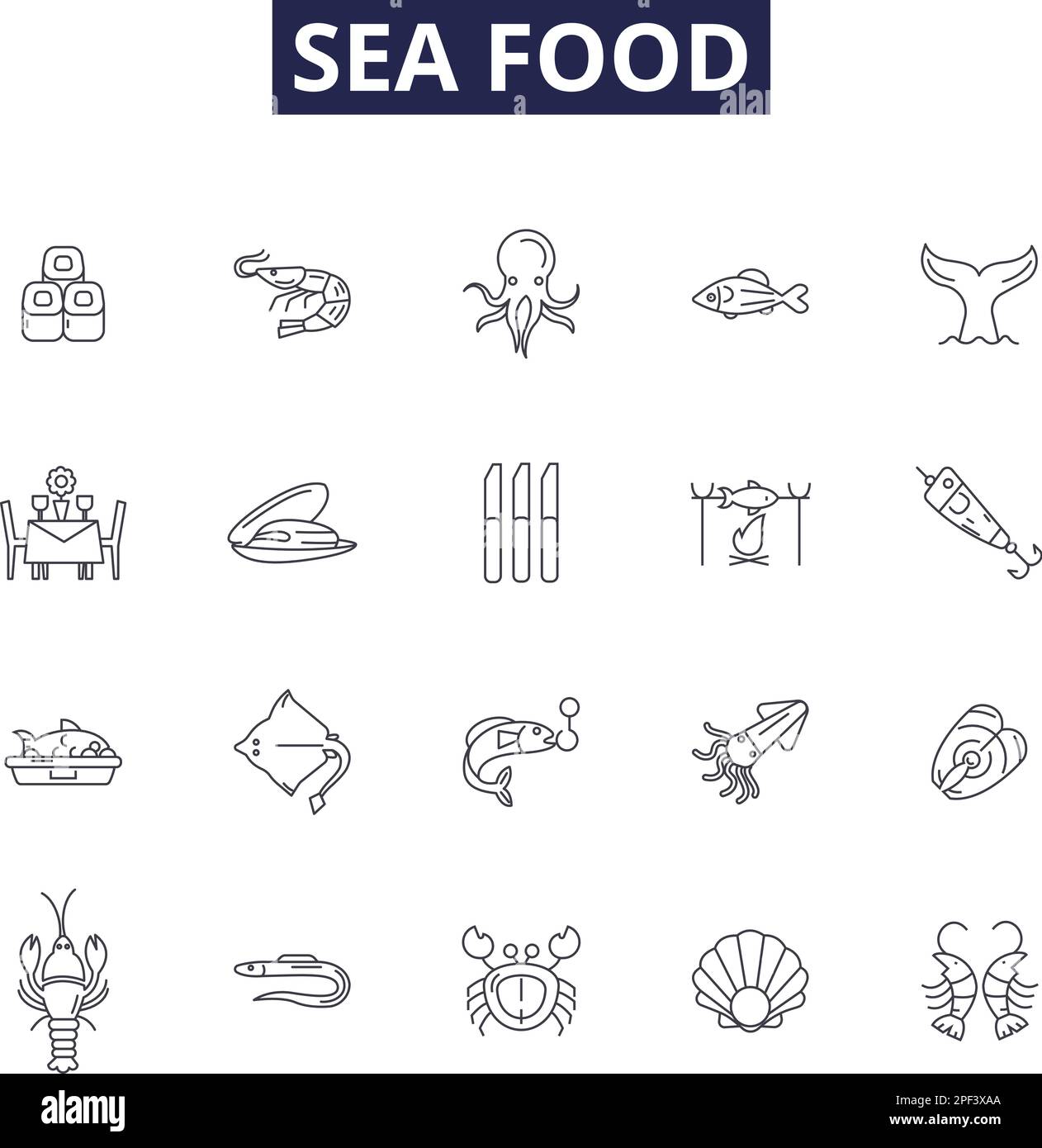 Sea food line vector icons and signs. Fish, Shrimp, Clams, Oysters, Crab, Salmon, Halibut, Lobster outline vector illustration set Stock Vector
