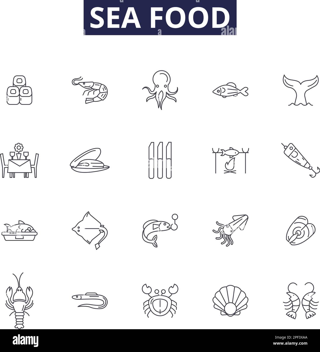 Sea food line vector icons and signs. Fish, Shrimp, Clams, Oysters