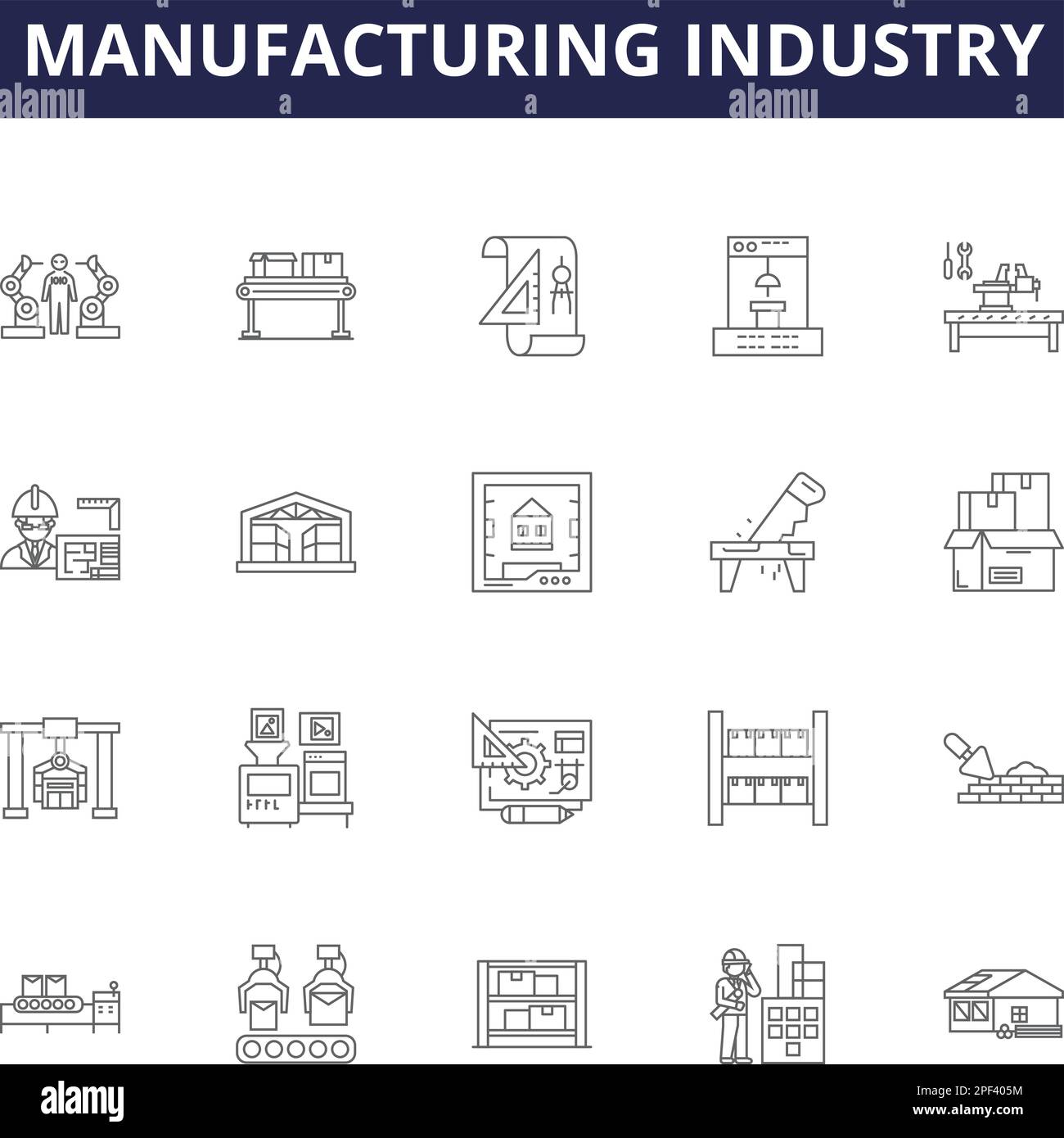 Manufacturing industry line vector icons and signs. Industry, Producing, Fabricating, Processing, Assembly, Output, Technology, Quality outline vector Stock Vector