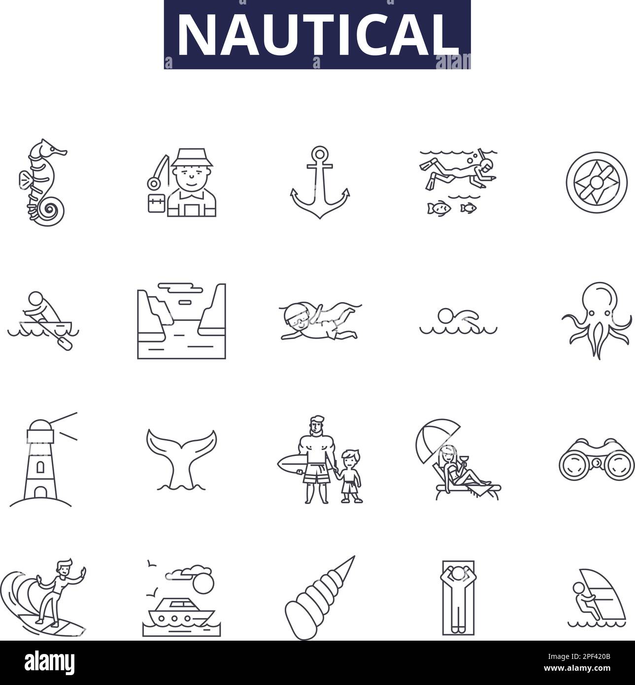 Nautical line vector icons and signs. Navigating, Boating, Marine, Sea, Tides, Cruise, Shore, Yacht outline vector illustration set Stock Vector