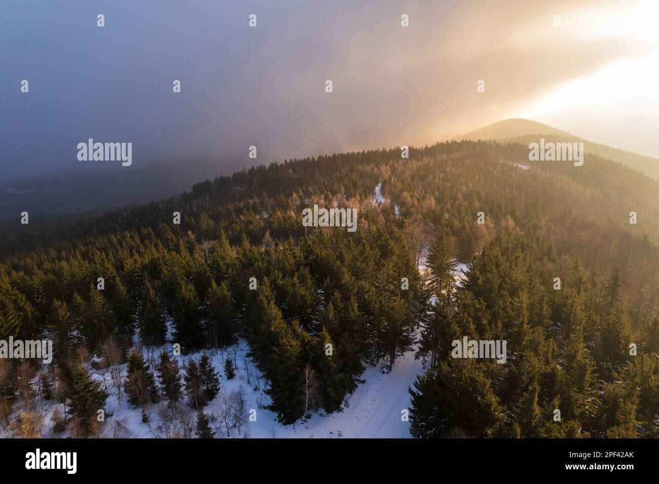 Aerial view of sunrise in Karkonosze mountains during winter Stock Photo