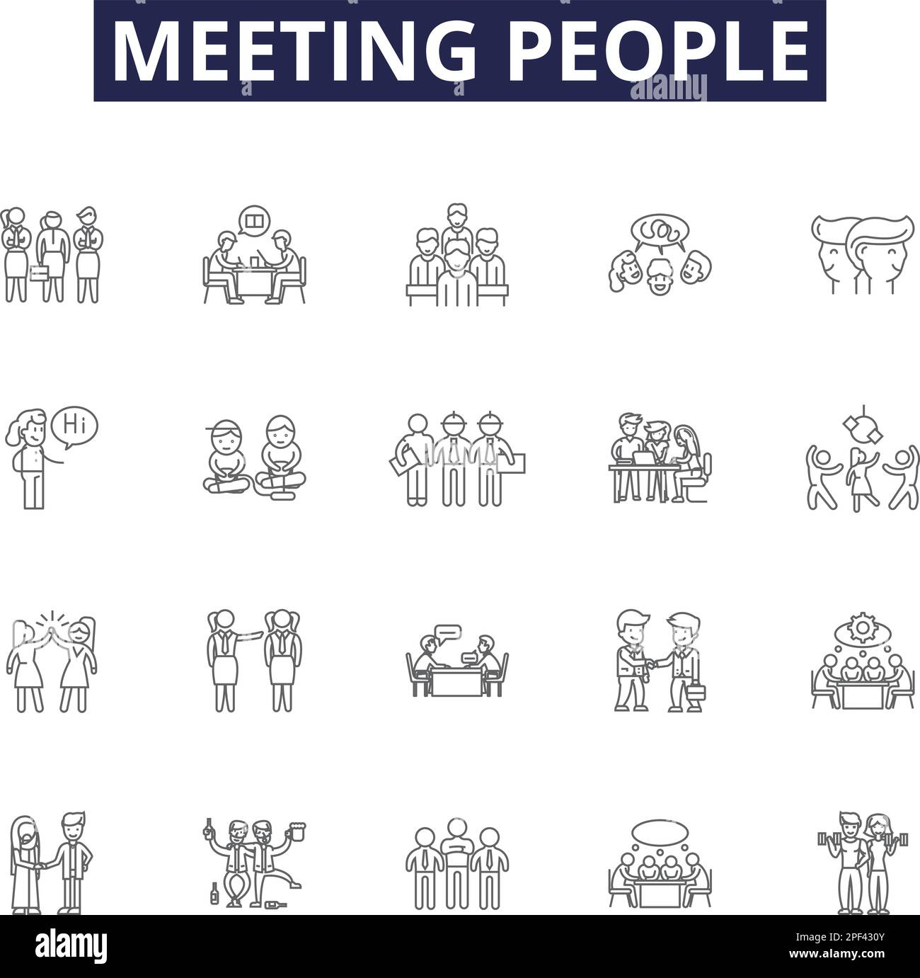 Meeting people line vector icons and signs. Networking, Gathering, Bonding, Interacting, Conversing, Interfacing, Collaborating, Connecting outline Stock Vector