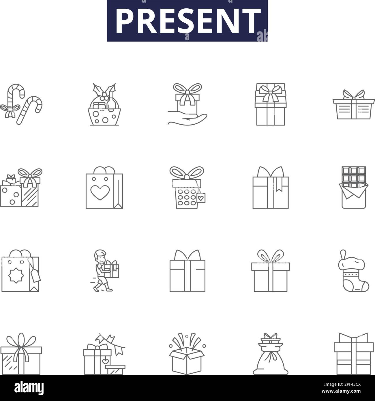 Present line vector icons and signs. Gift-wrap, Now, Offer, Show, Current, Exhibit, Exhibit-show, Exhibit-display outline vector illustration set Stock Vector