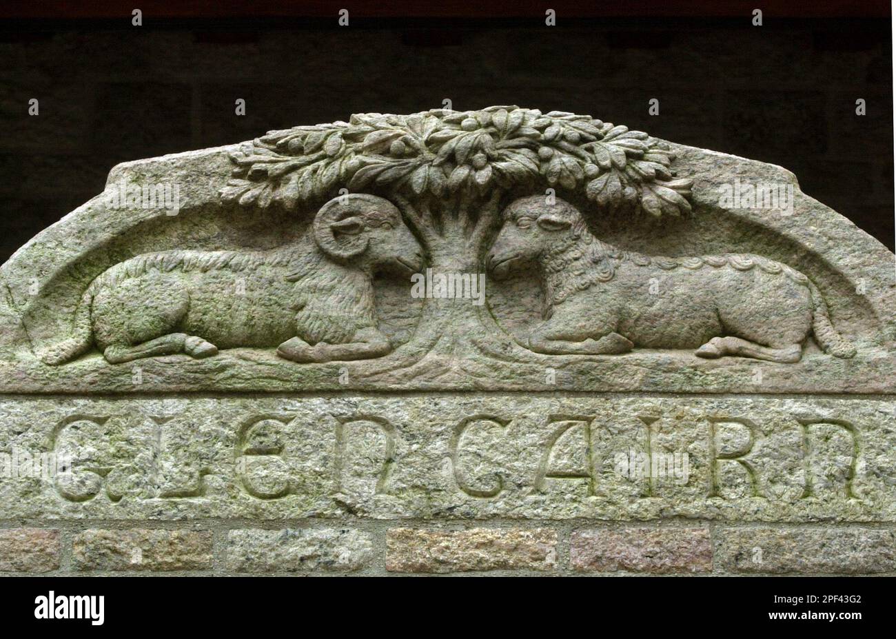 A stone carving which is placed over the front door of Glencairn is seen in Bryn Athyn Pa., Wednesday Oct. 29, 2003. Glencairn, the suburban mansion of industrialist Raymond Pitcairn, is a soaring Romanesque structure which contains one of the most treasured collections of medieval art in the world. (AP Photo/Jacqueline Larma) Stock Photo