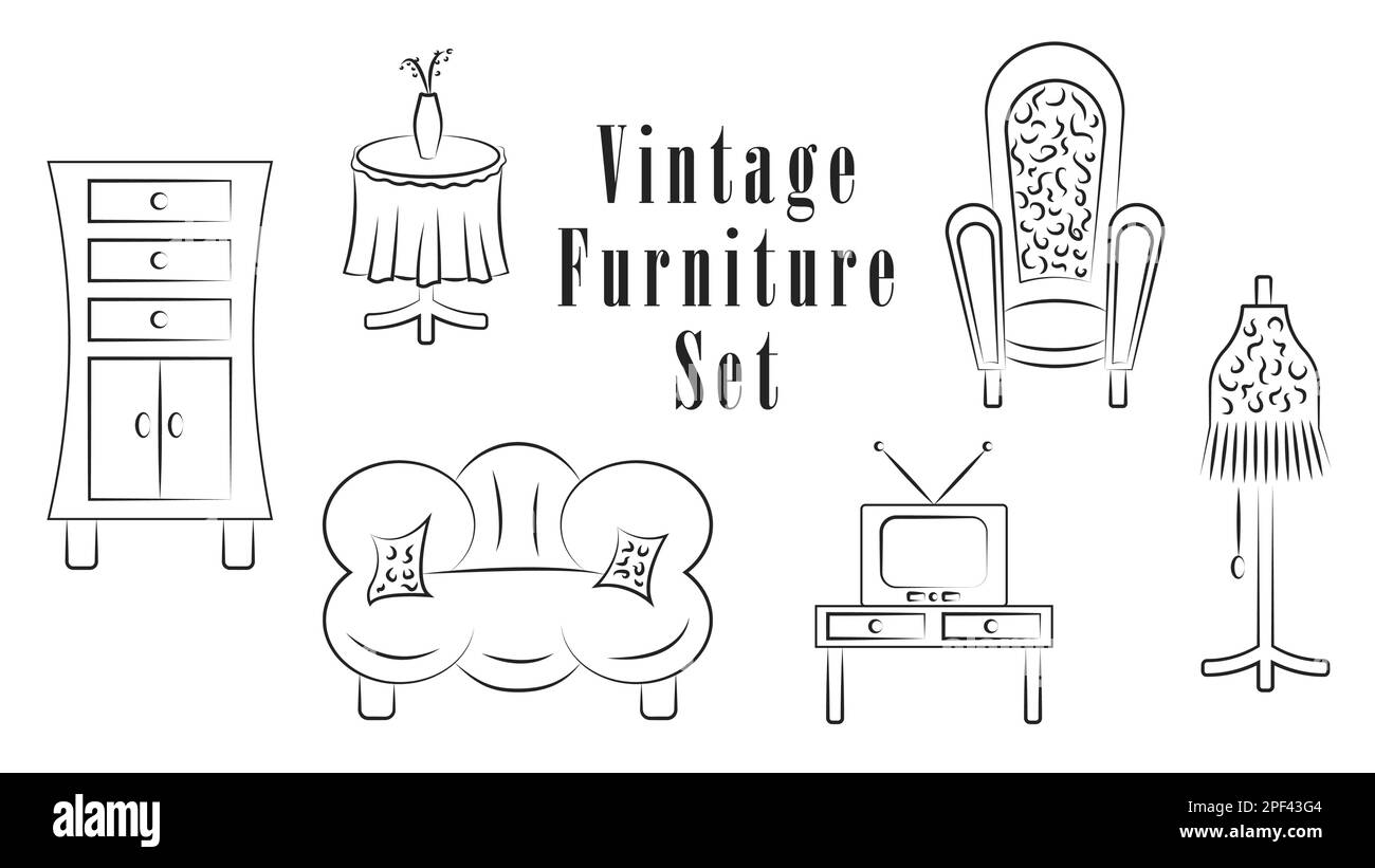 Simple linear set of vintage furniture and interior items. Objects, clipart, elements for background design, website buttons, social network icons. An Stock Vector