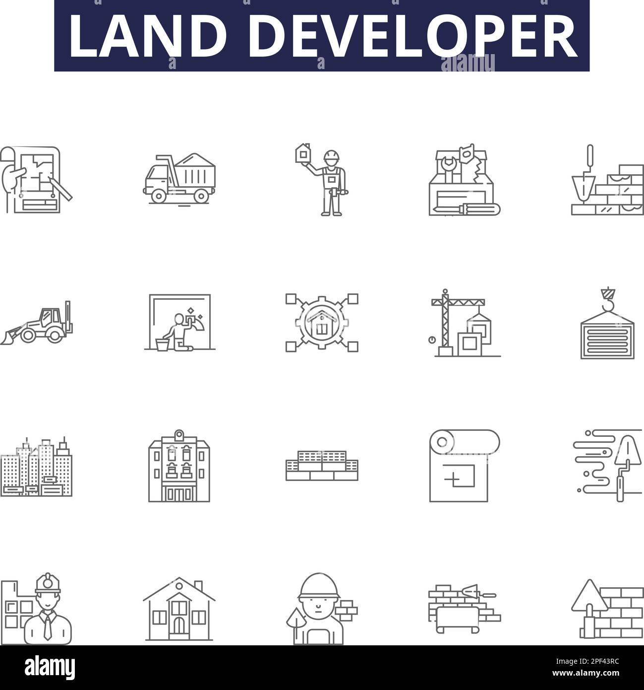 Land developer line vector icons and signs. Landlord, Investor, Broker, Constructor, Builder, Developer, Planner, Urbanist outline vector illustration Stock Vector