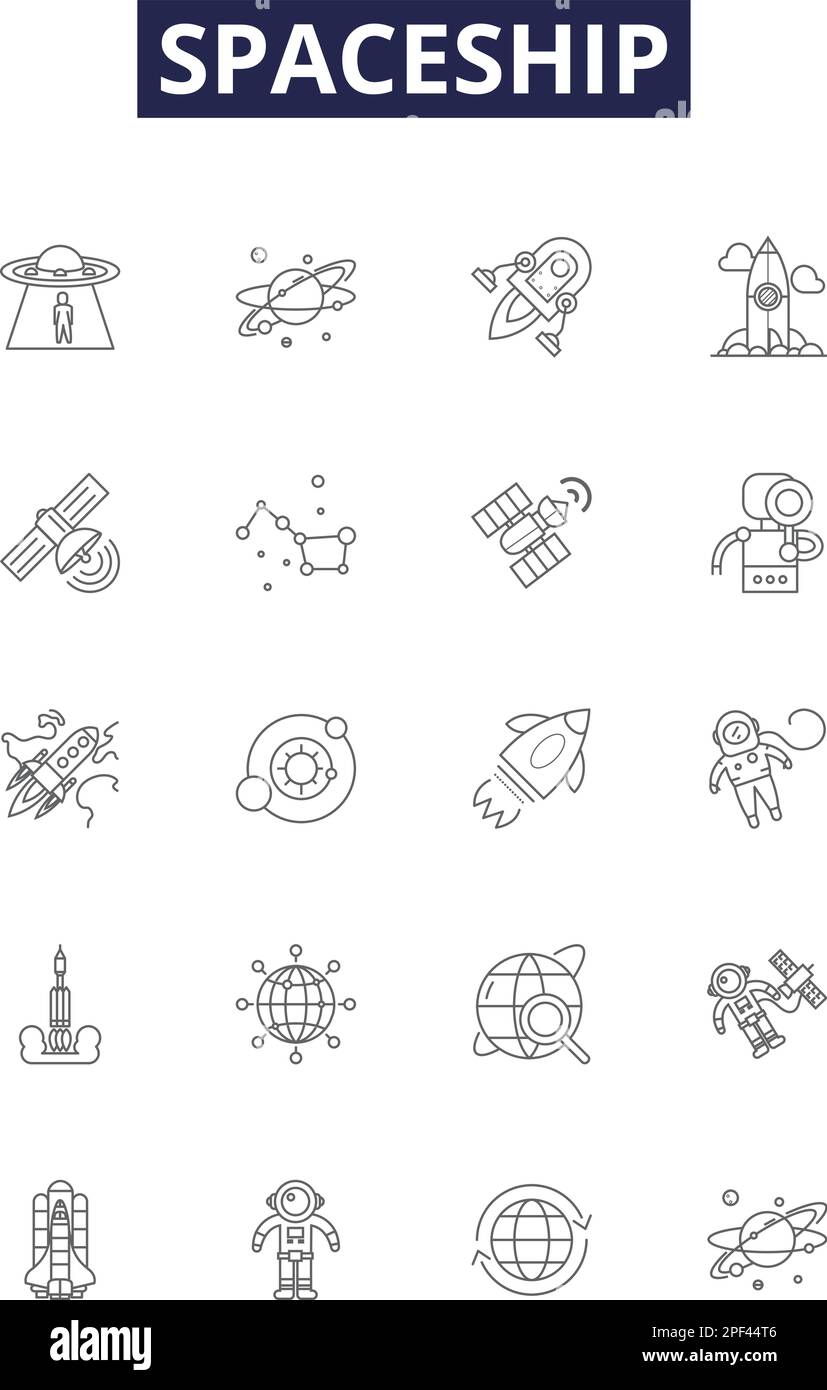 Spaceship line vector icons and signs. craft, vessel, shuttle, starcraft, intergalactic, rocket, exploration, interstellar outline vector illustration Stock Vector