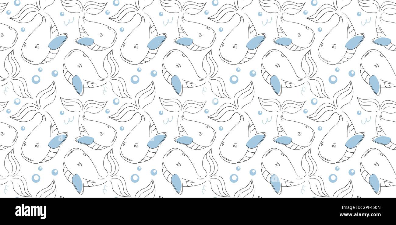 Cartoon seamless pattern for little boy's bedroom with blue whales. Design for wallpaper, bedding, baby clothes, book covers, coloring books, encyclop Stock Vector