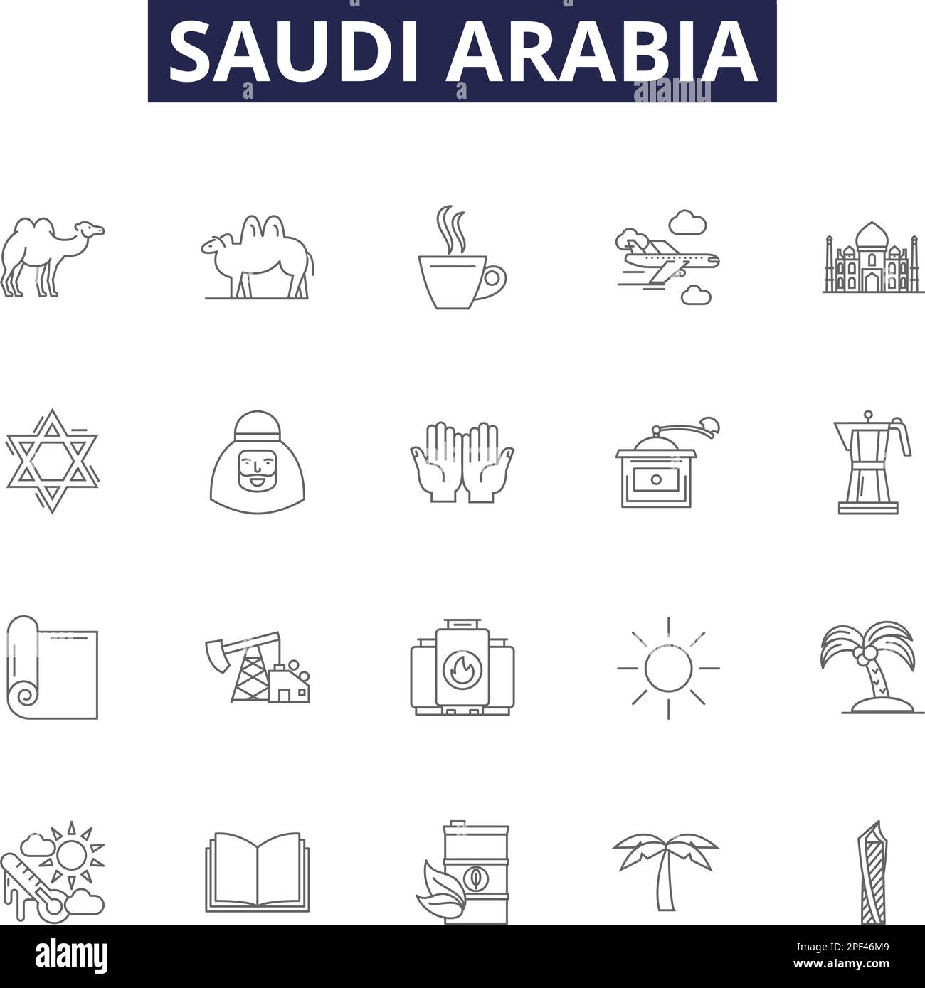Saudi arabia line vector icons and signs. Arabia, Middle East, Oil, Despotism, Islam, Desert, Religious, Riyadh outline vector illustration set Stock Vector