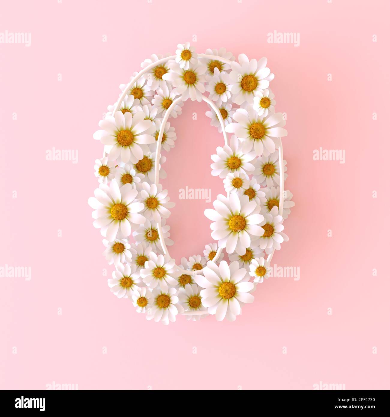 Number 9 made of natural chamomile flowers. Cute camomiles number nine. Spring flower numbers concept isolated on cute pastel pink background. Top Stock Photo