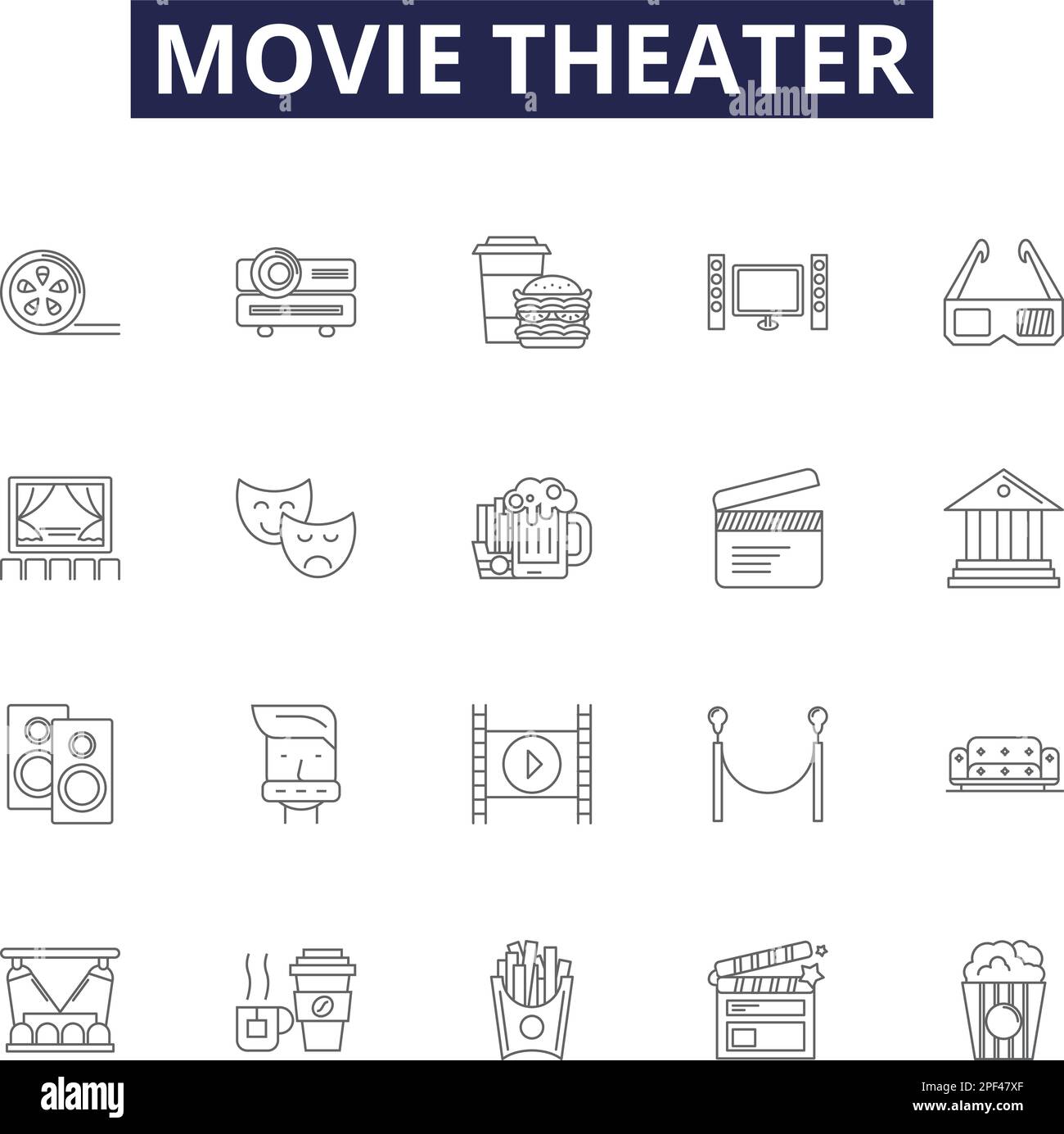 Movie theater line vector icons and signs. Theater, Showroom, Auditorium, Picture-house, Picture-palace, Bijou, Repertoire, Cineplex outline vector Stock Vector