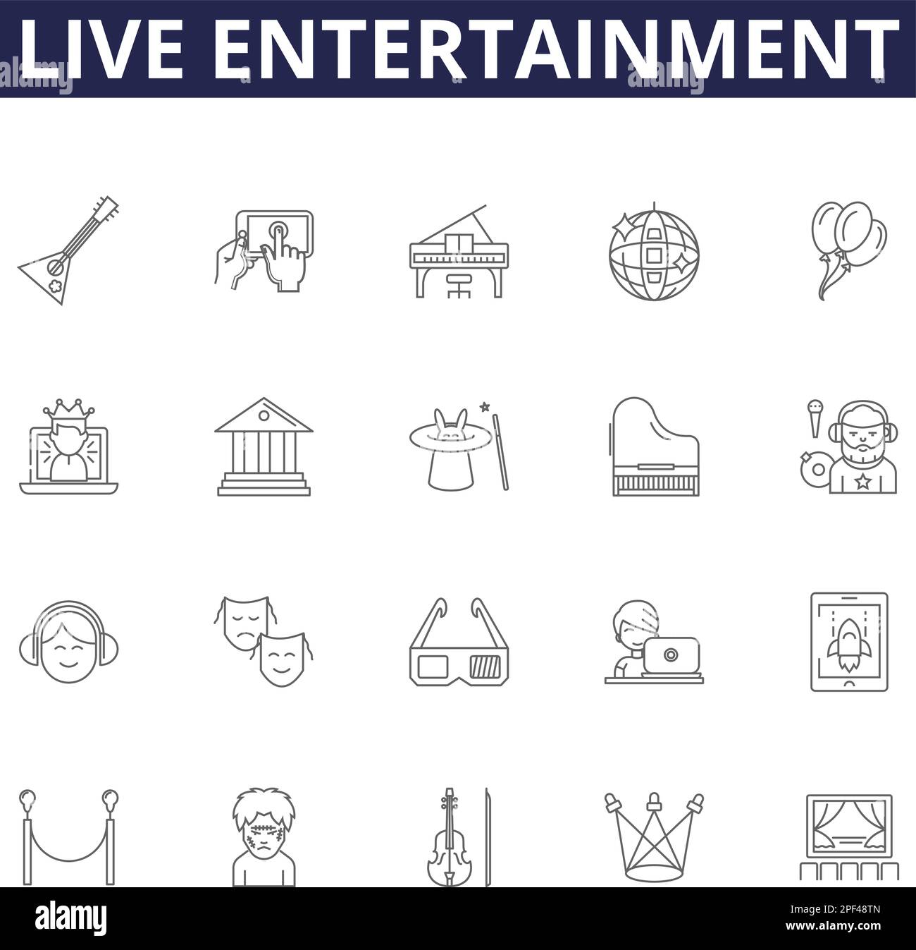 Live entertainment line vector icons and signs. Music, Performance, Dance, Comedy, Concert, Theatre, Band, Act outline vector illustration set Stock Vector
