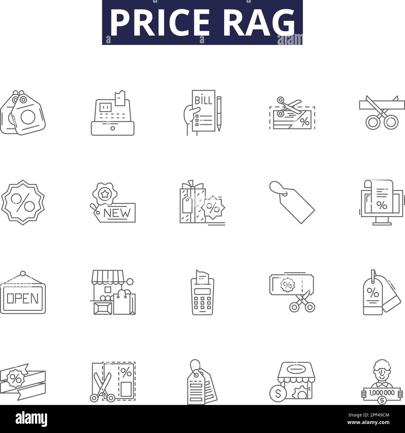 Price rag line vector icons and signs. Cut, Reduce, Decrease, Discount, Cheap, Bargain, Low,Affordable outline vector illustration set Stock Vector