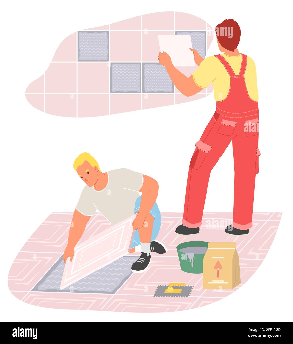 Tiling master team putting floor and wall ceramic tile vector Stock Vector