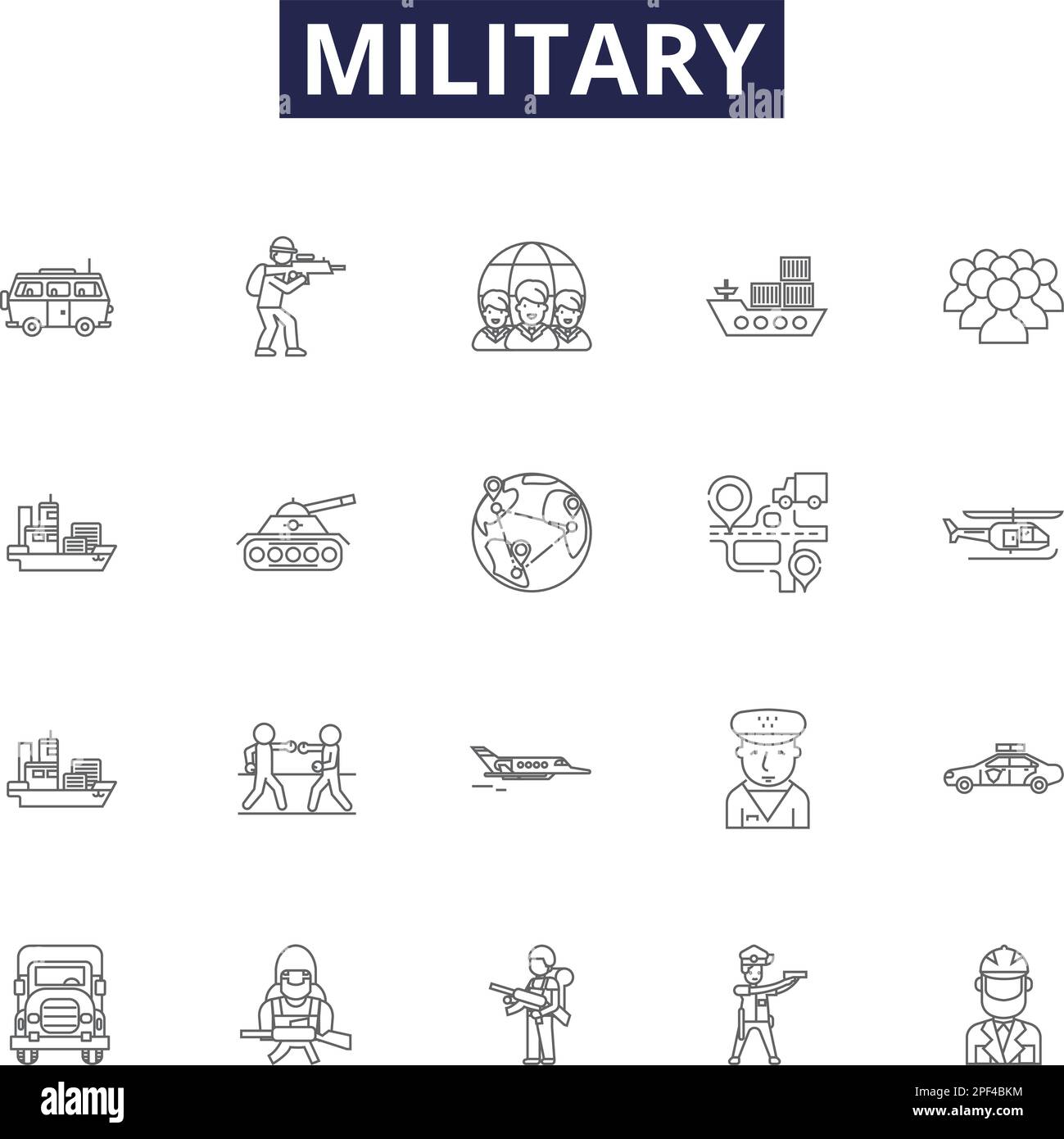 Military line vector icons and signs. navy, marines, airforce, air-defense, warfare, infantry, weapon, combat outline vector illustration set Stock Vector