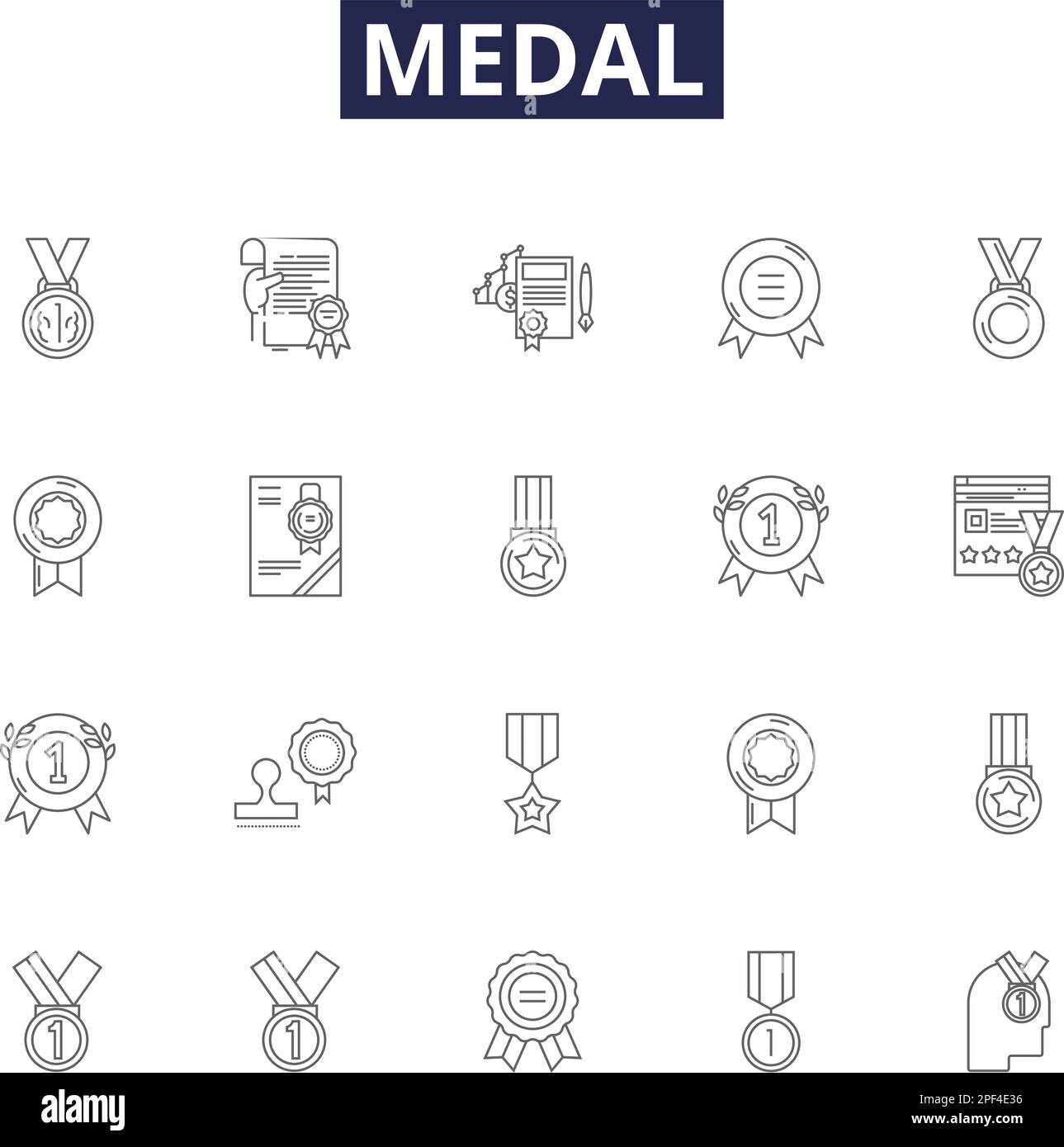 Medal line vector icons and signs. Trophy, Badges, Insignia, Ribbons, Laurels, Badge, Honor, Commemorative outline vector illustration set Stock Vector