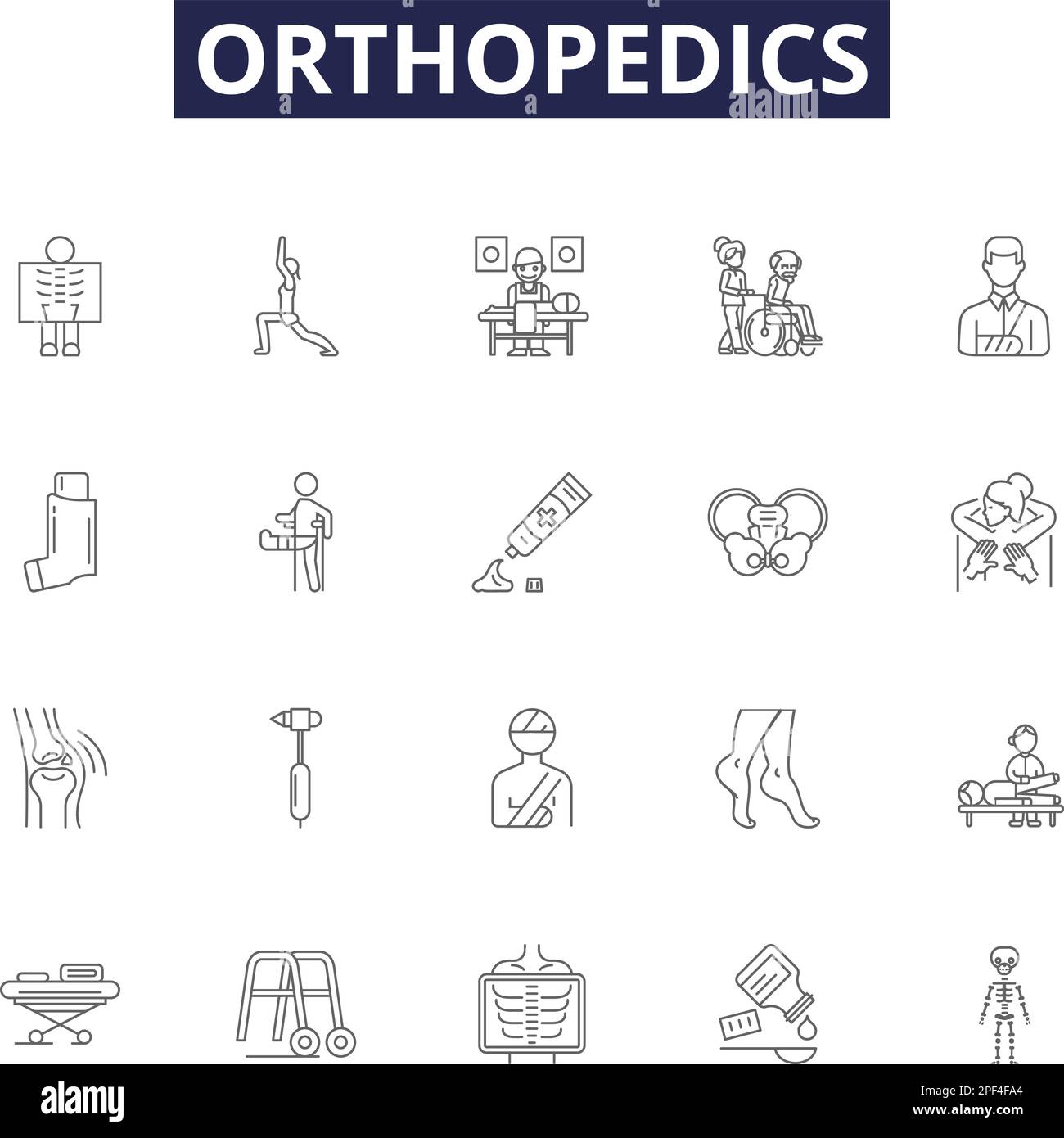 Orthopedics line vector icons and signs. Bones, Joints, Muscles, Tendons, Ligaments, Surgery, Physiotherapy, Imaging outline vector illustration set Stock Vector