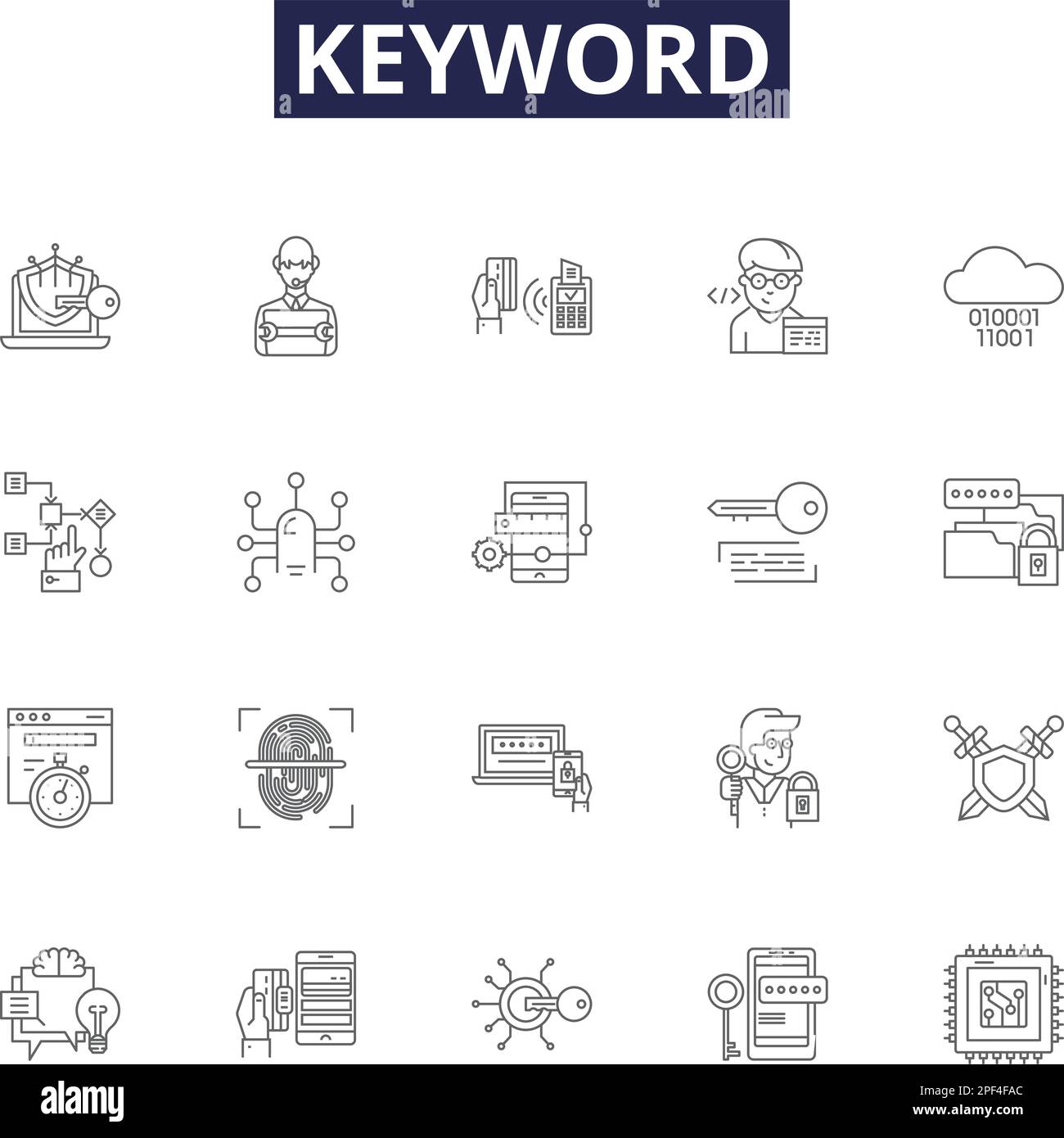 Keyword line vector icons and signs. Phrases, Search, Terms, Queries, Tags, Cues, Keywords, Signals outline vector illustration set Stock Vector