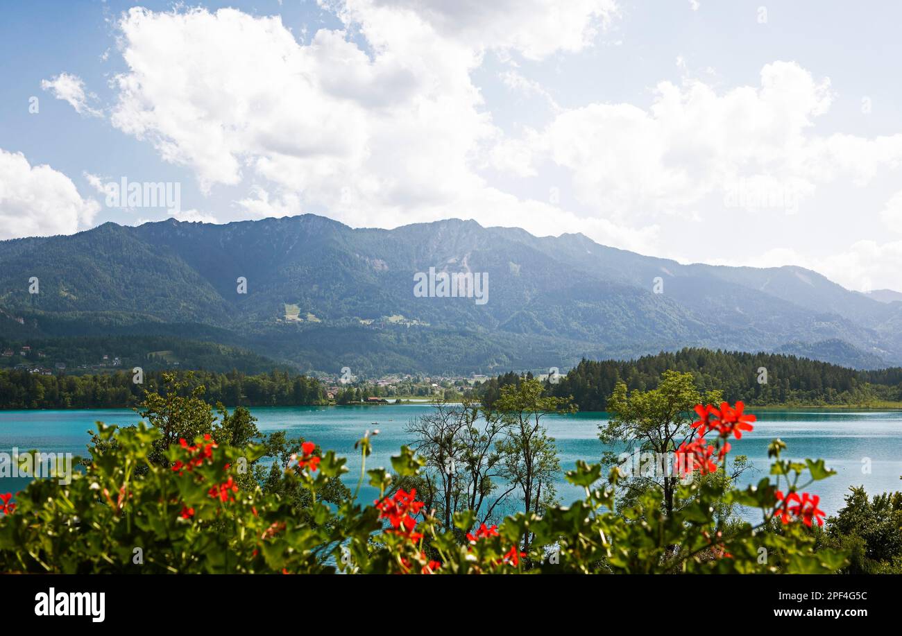 Schwarzkogel mountain and Faaker See lake, Villach and Finkenstein municipalities, Carinthia, Austria Stock Photo