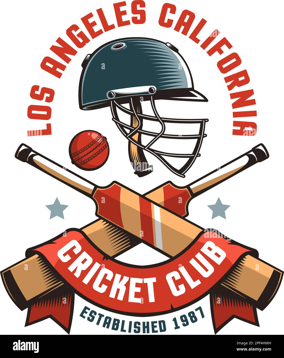 Retro cricket logo featuring a helmet, cricket bats, and ball Stock