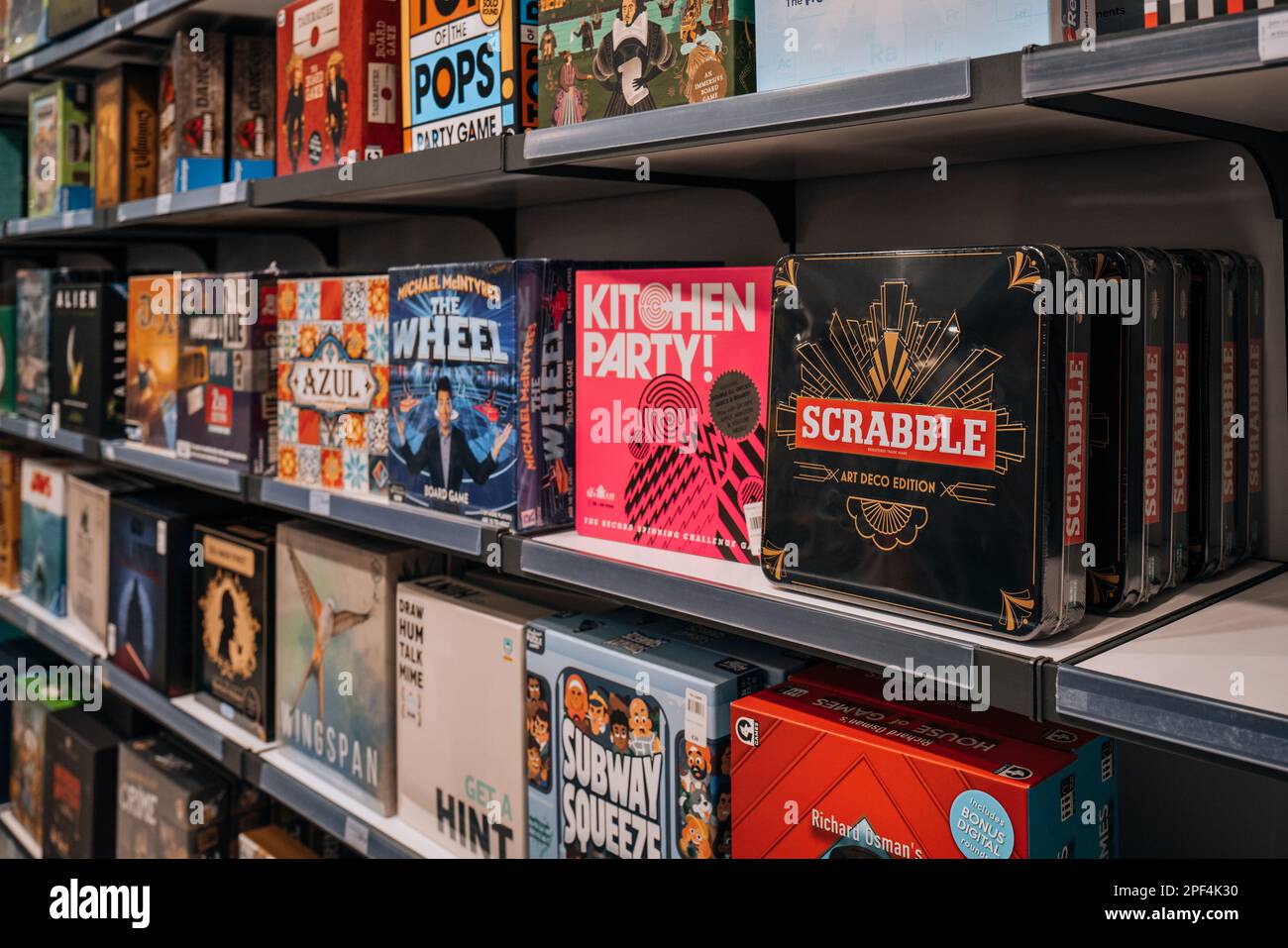 London, UK - February 21, 2022: Modern and classing board games on sale at a department store. Sales of board games skyrocketed since the Coronavirus Stock Photo
