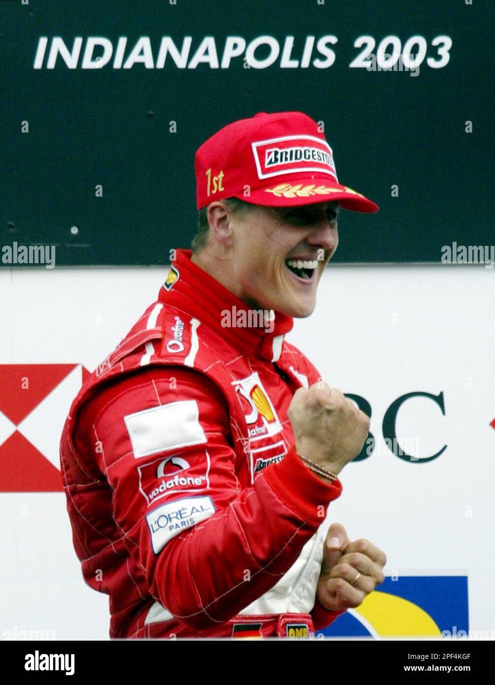 Ferrari driver Michael Schumacher of Germany pumps his fist in the