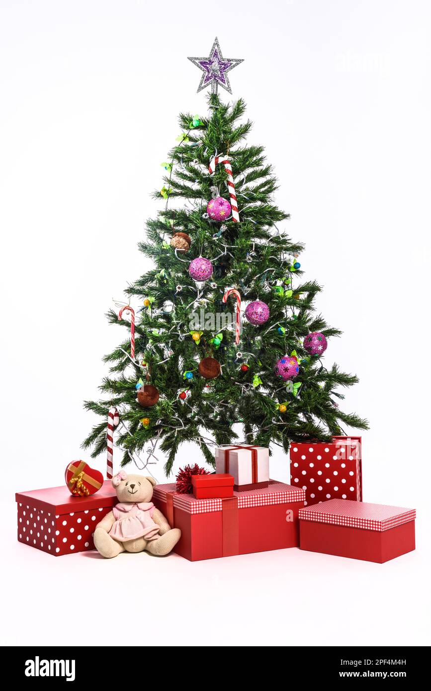 Christmas tree with gifts on white background Stock Photo