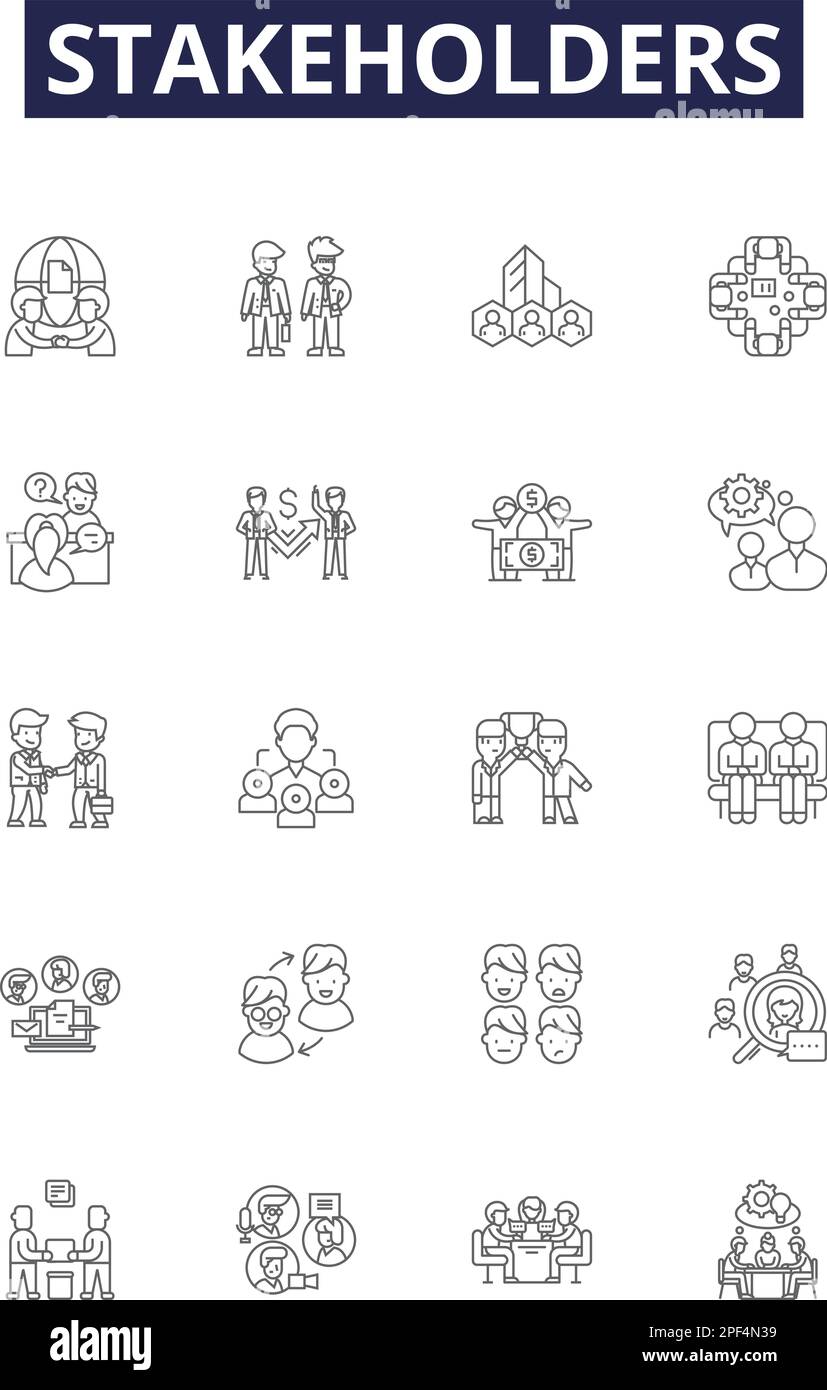 Stakeholders line vector icons and signs. Customers, Employees, Suppliers, Partners, Board, Executives, Shareholders, Regulators outline vector Stock Vector
