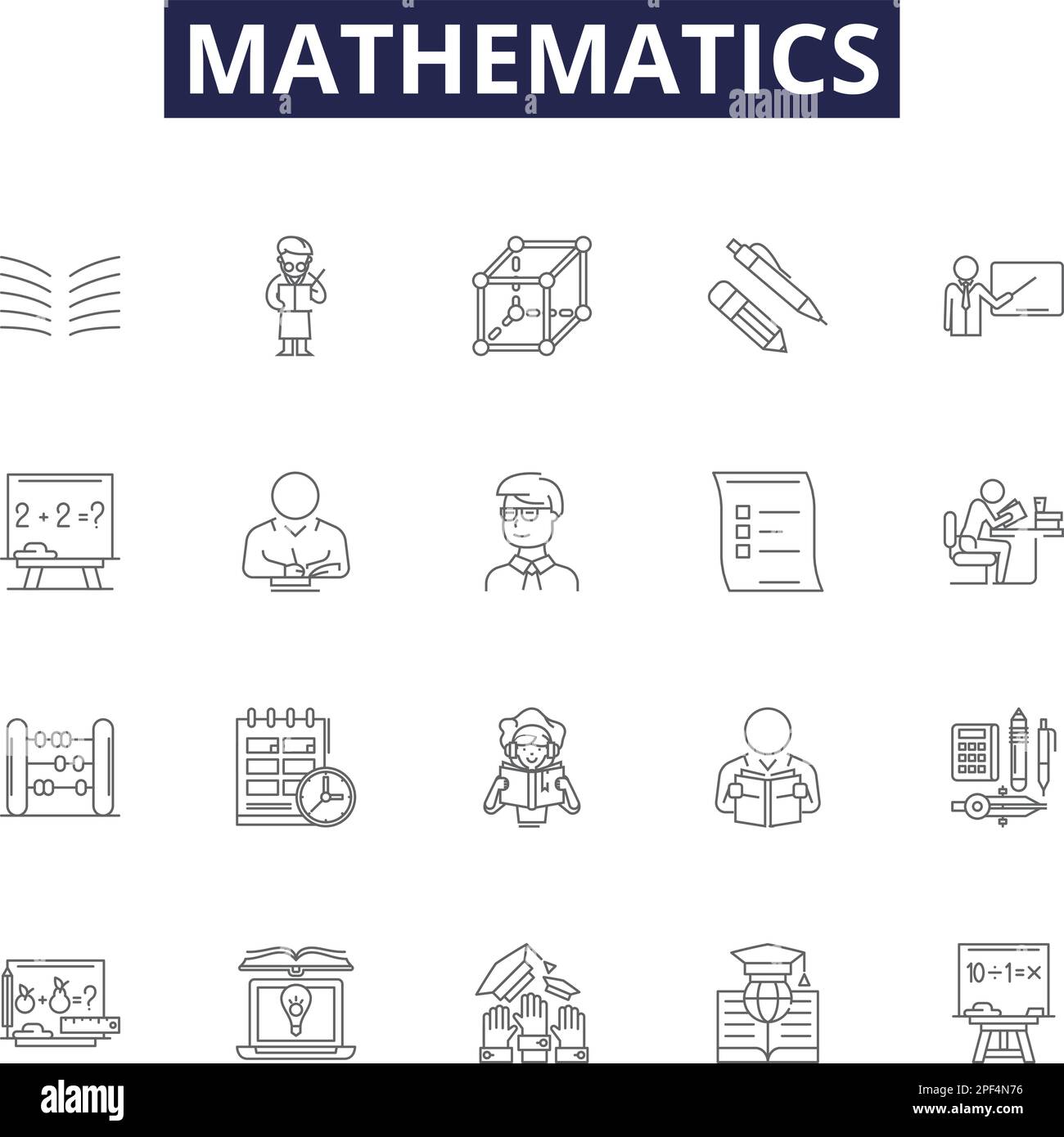 Mathematics line vector icons and signs. Algebra, Arithmetic, Geometry, Number, Equation, Polynomial, Trigonometry, Graph outline vector illustration Stock Vector