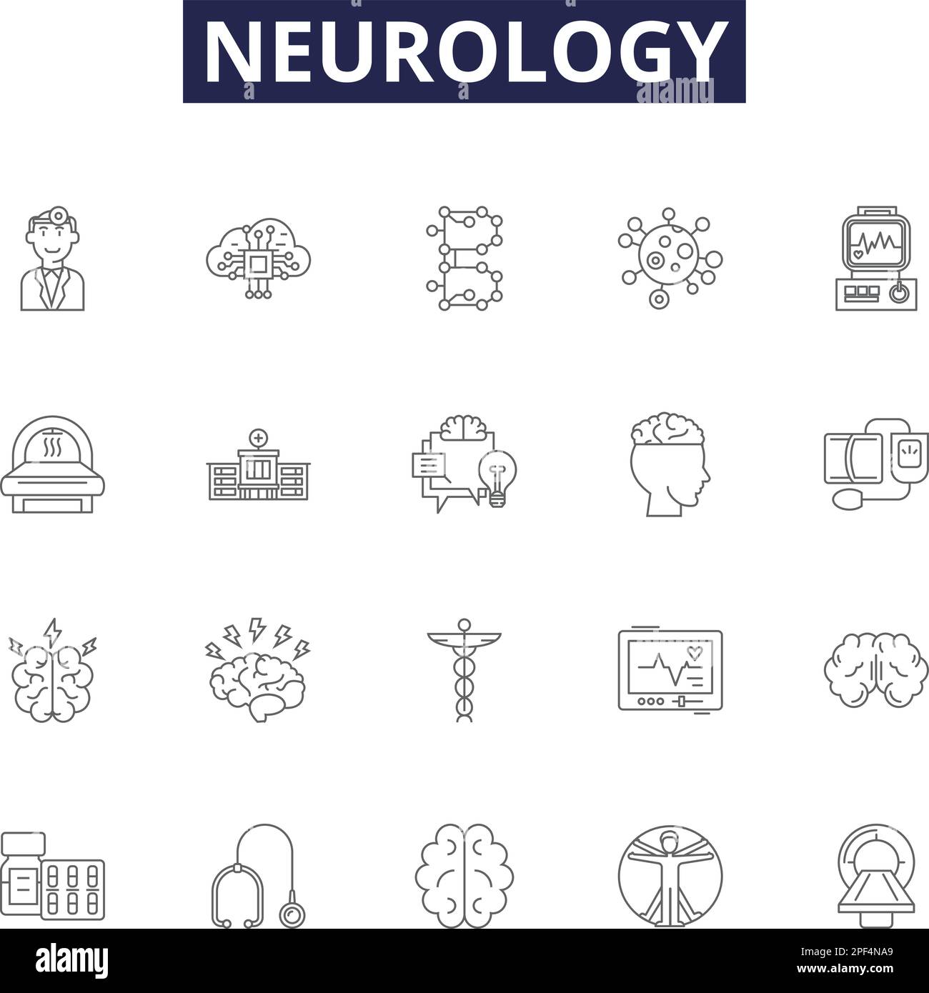 Neurology line vector icons and signs. Synapses, Neurotransmitters, Brain, Spine, Nerves, Tremors, Strokes, Epilepsy outline vector illustration set Stock Vector