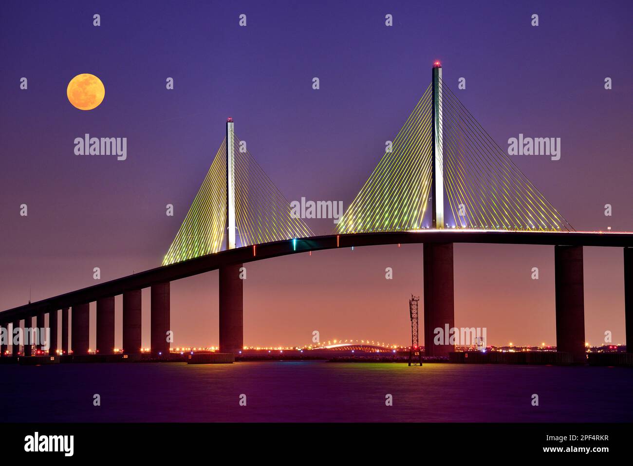 Moon over Sunshine Skyway Bridge St.Petersburg,Tampa Bay, Florida USA Stock Photo