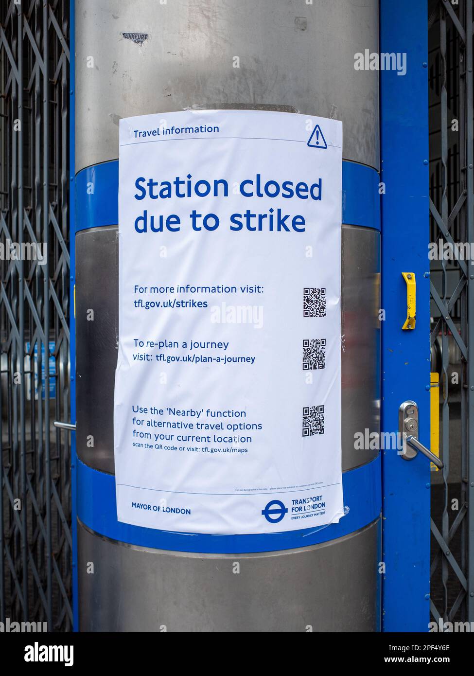 TFL signage outside tube station notifying customers of the tube drivers strike, 15th March 2023, London, Industrial Action, England UK. Stock Photo