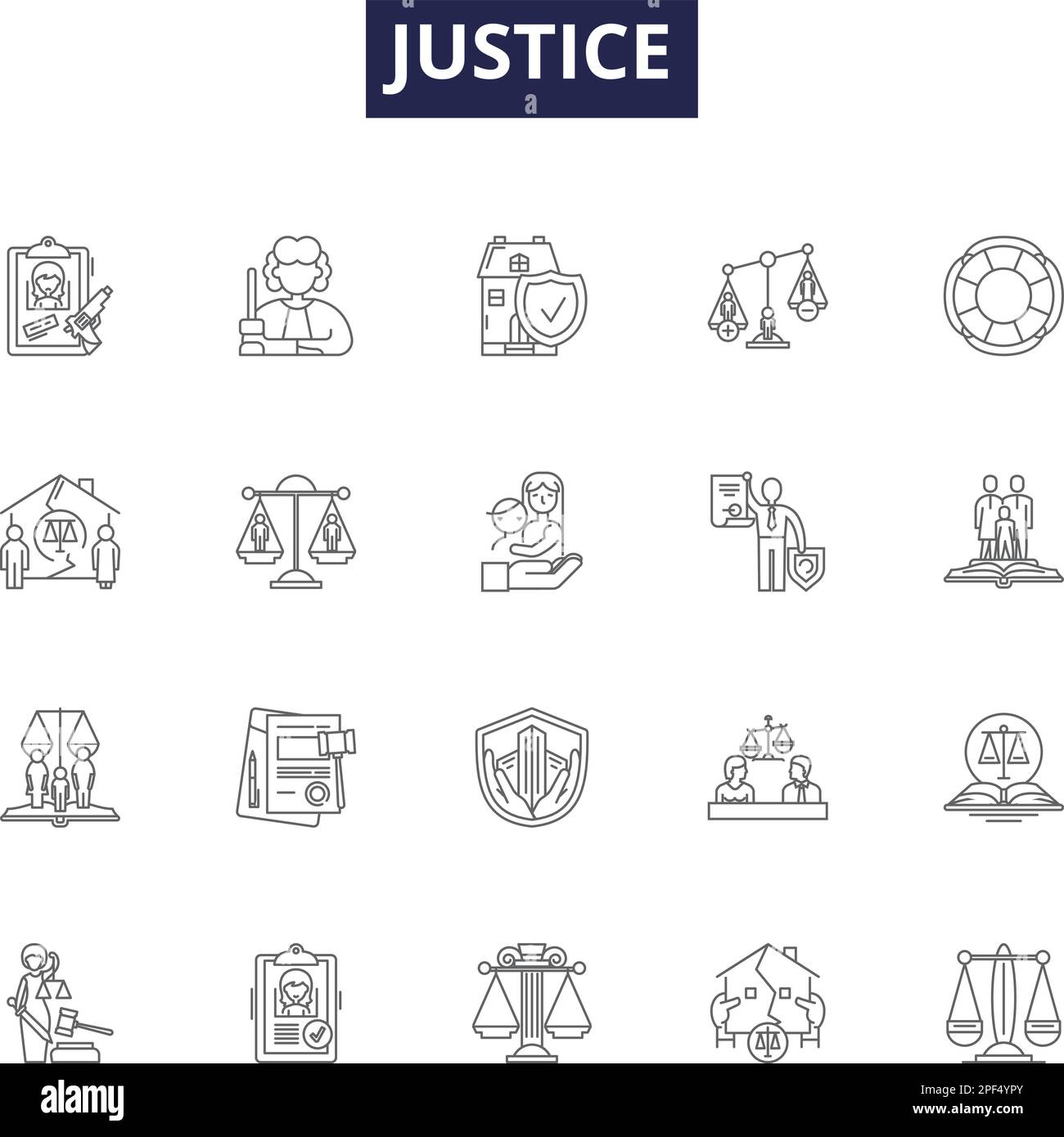 Justice line vector icons and signs. Equity, Fairness, Righteousness, Judge, Justice, Morality, Legality, Impartiality outline vector illustration set Stock Vector