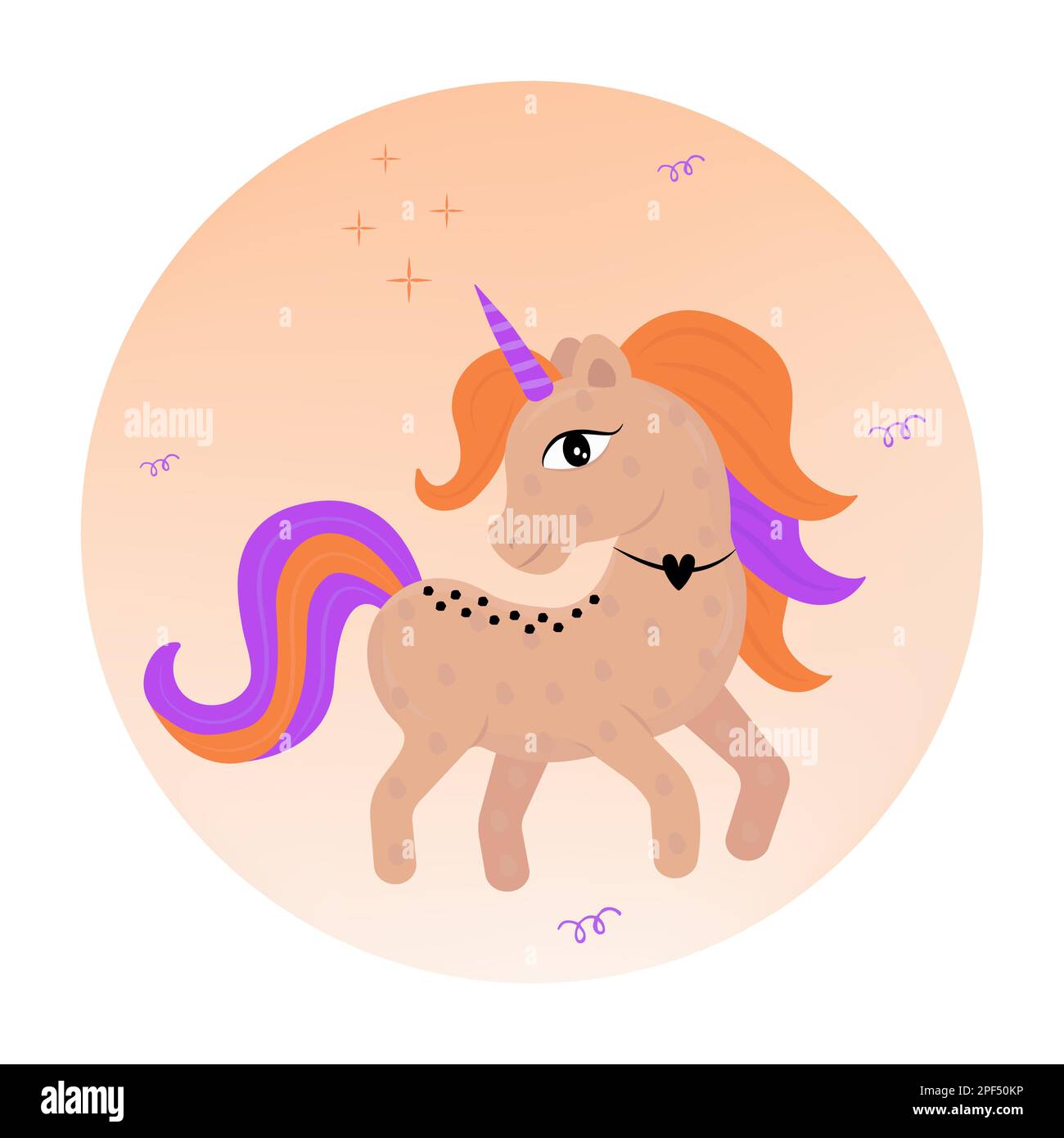 Unicorn and moon, vector illustration in beige, orange, violet and brown colors Stock Vector