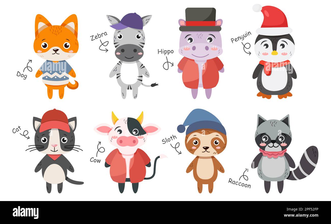 Wildlife animals collection . Flat design cartoon characters . Shiba inu dog Zebra Hippopotamus Penguin Cat Cow Sloth bear Raccoon . Vector . Stock Vector