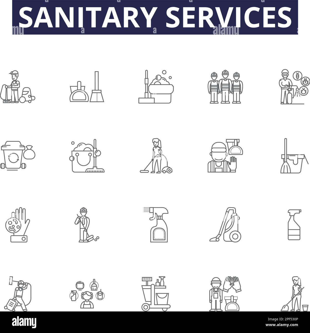 Sanitary services line vector icons and signs. Sanitation, Cleanliness, Sewerage, Waste, Disposal, Lavatories, Drains, Toilets outline vector Stock Vector