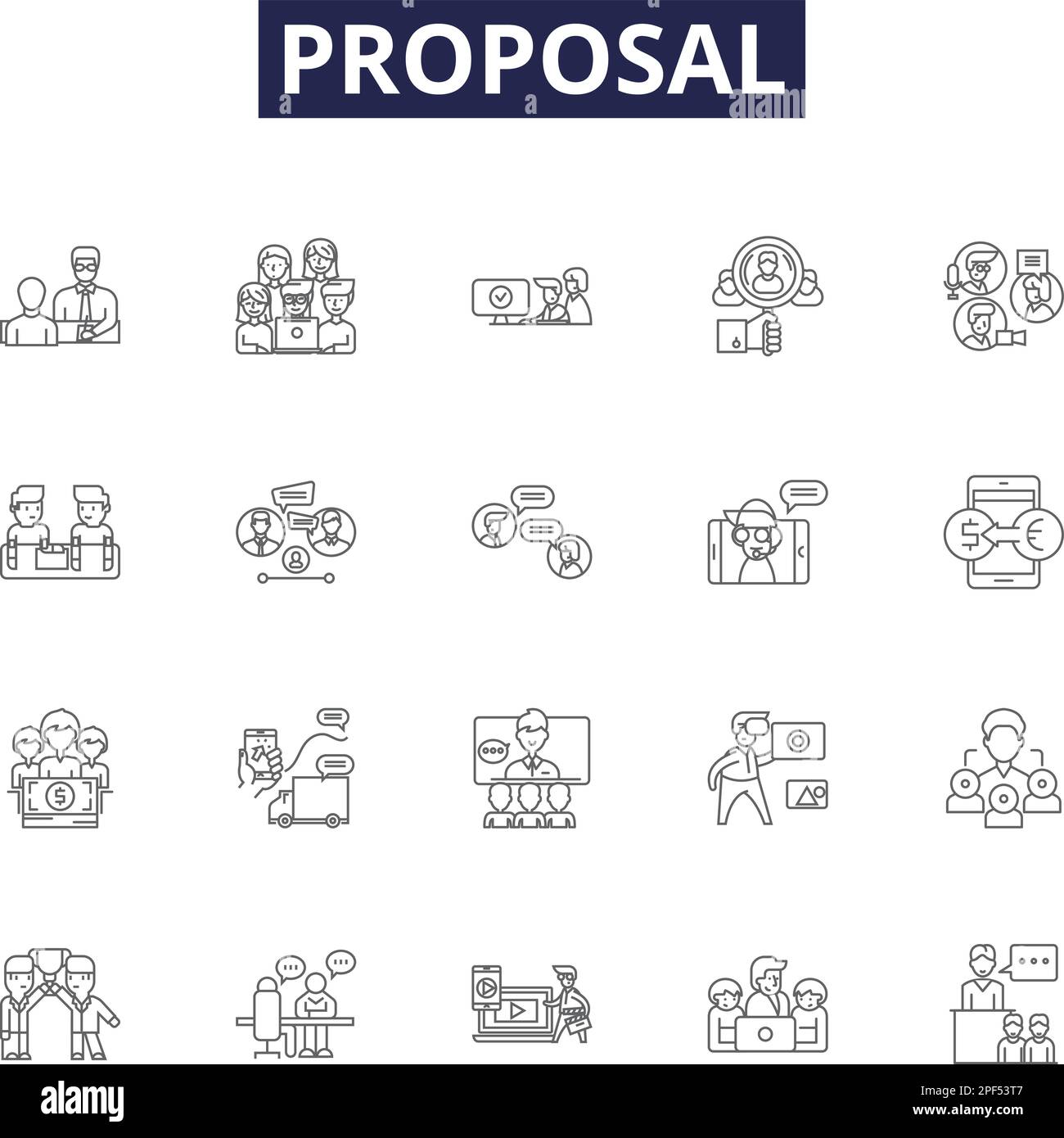 Proposal line vector icons and signs. Offer, Pitch, Plan, Suggestion, Agreement, Argument, Proposal, Proffer outline vector illustration set Stock Vector