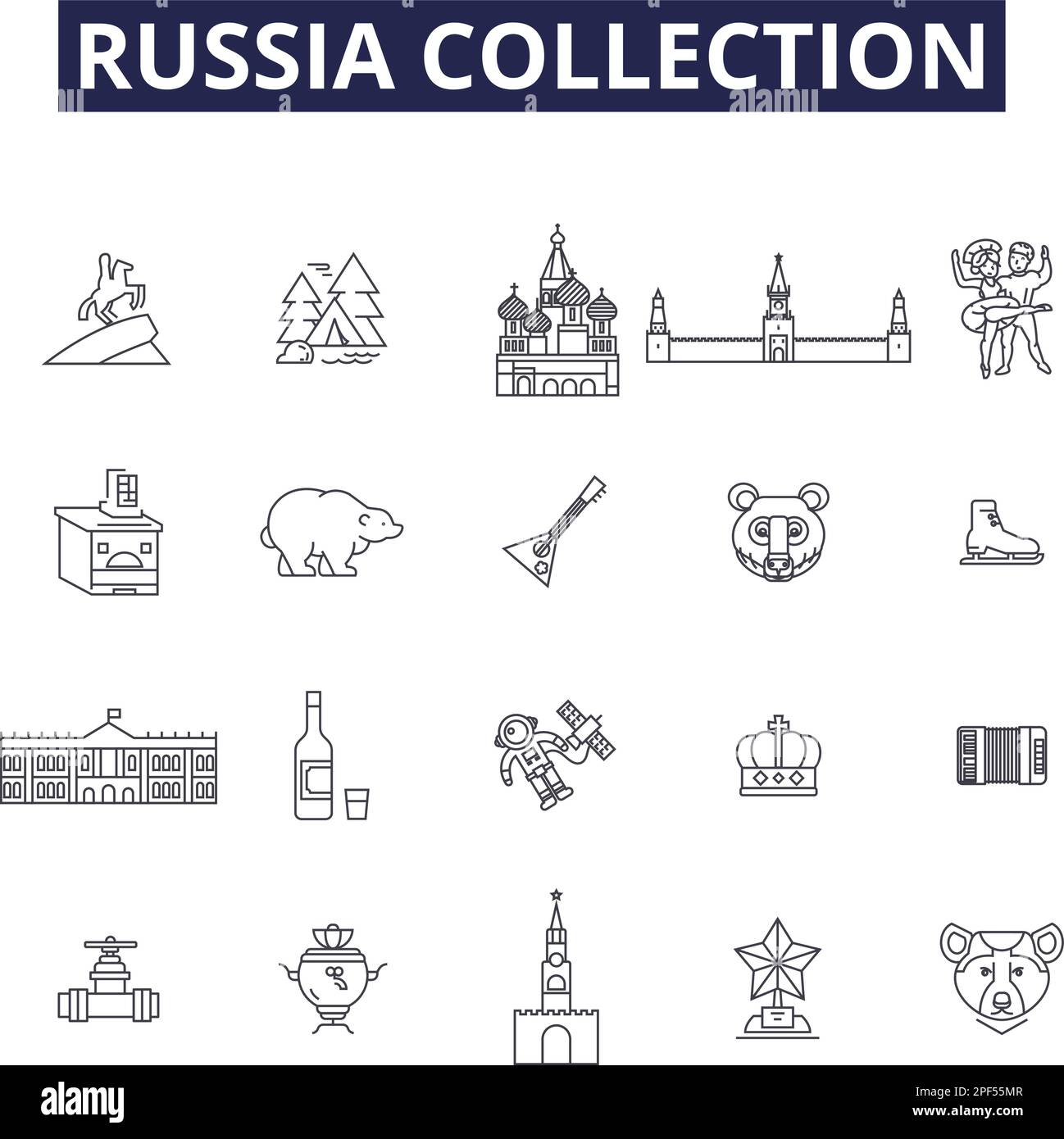 Russia collection line vector icons and signs. Collection, Soviet, Moscow, Kremlin, Putin, Red, Hermitage, Ukraine outline vector illustration set Stock Vector