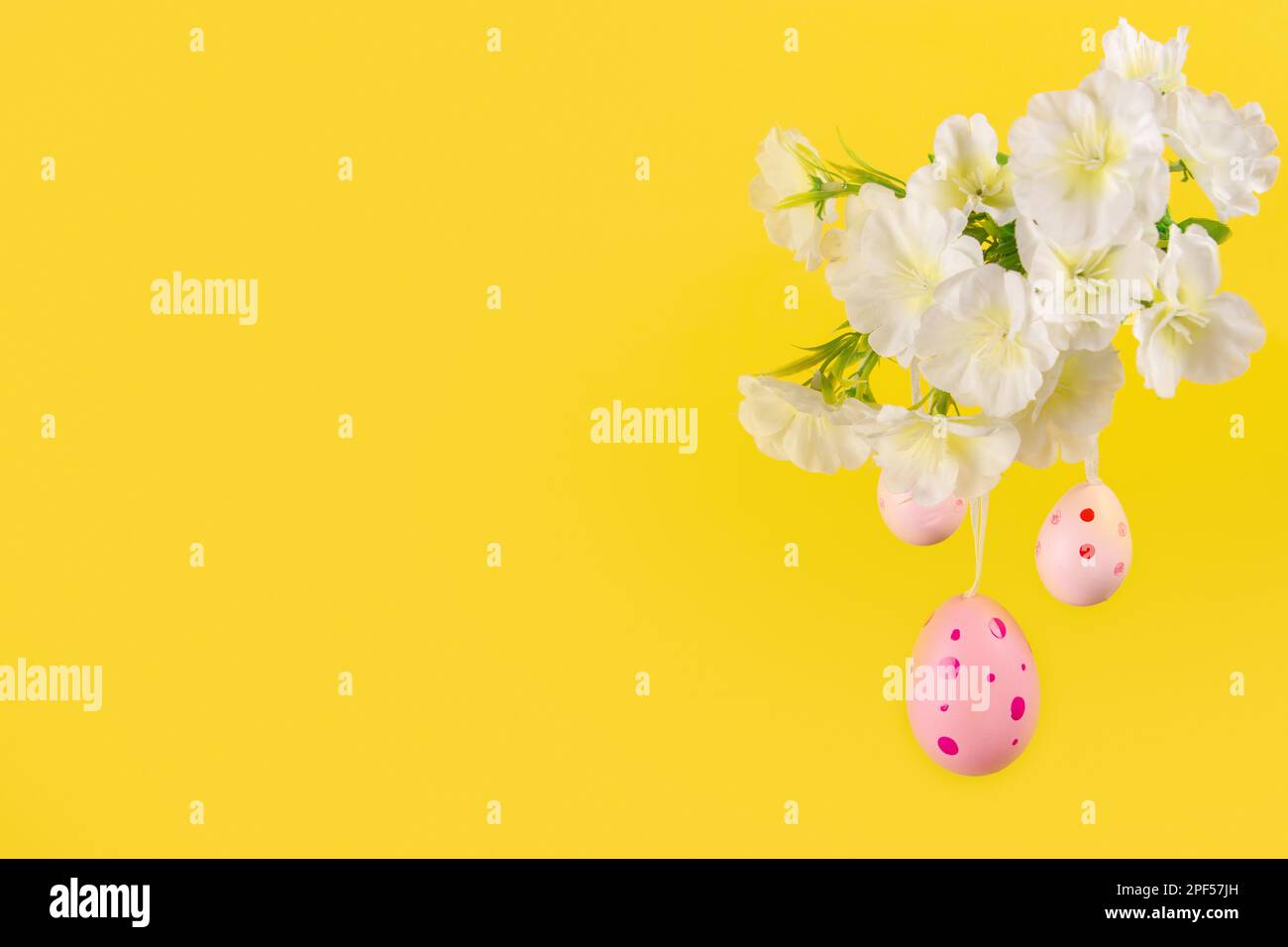 Captivating display of Easter cheer, depicting three pink eggs gently swaying from a leafy branch in bloom, set against a lively yellow hue background Stock Photo