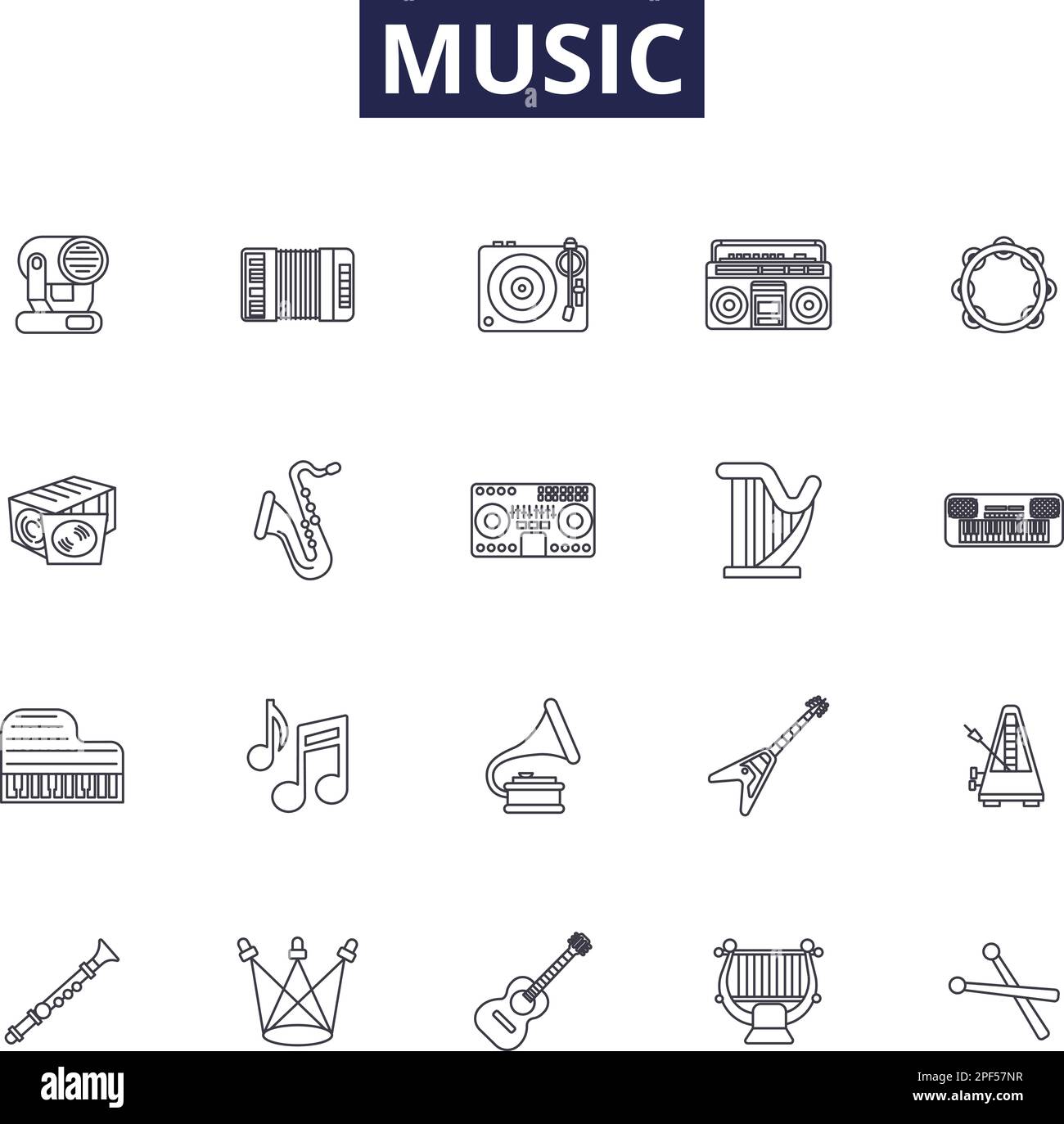 Music line vector icons and signs. Harmony, Opera, Concert, Band, Singer, Jazz, Rhythm, Strings outline vector illustration set Stock Vector