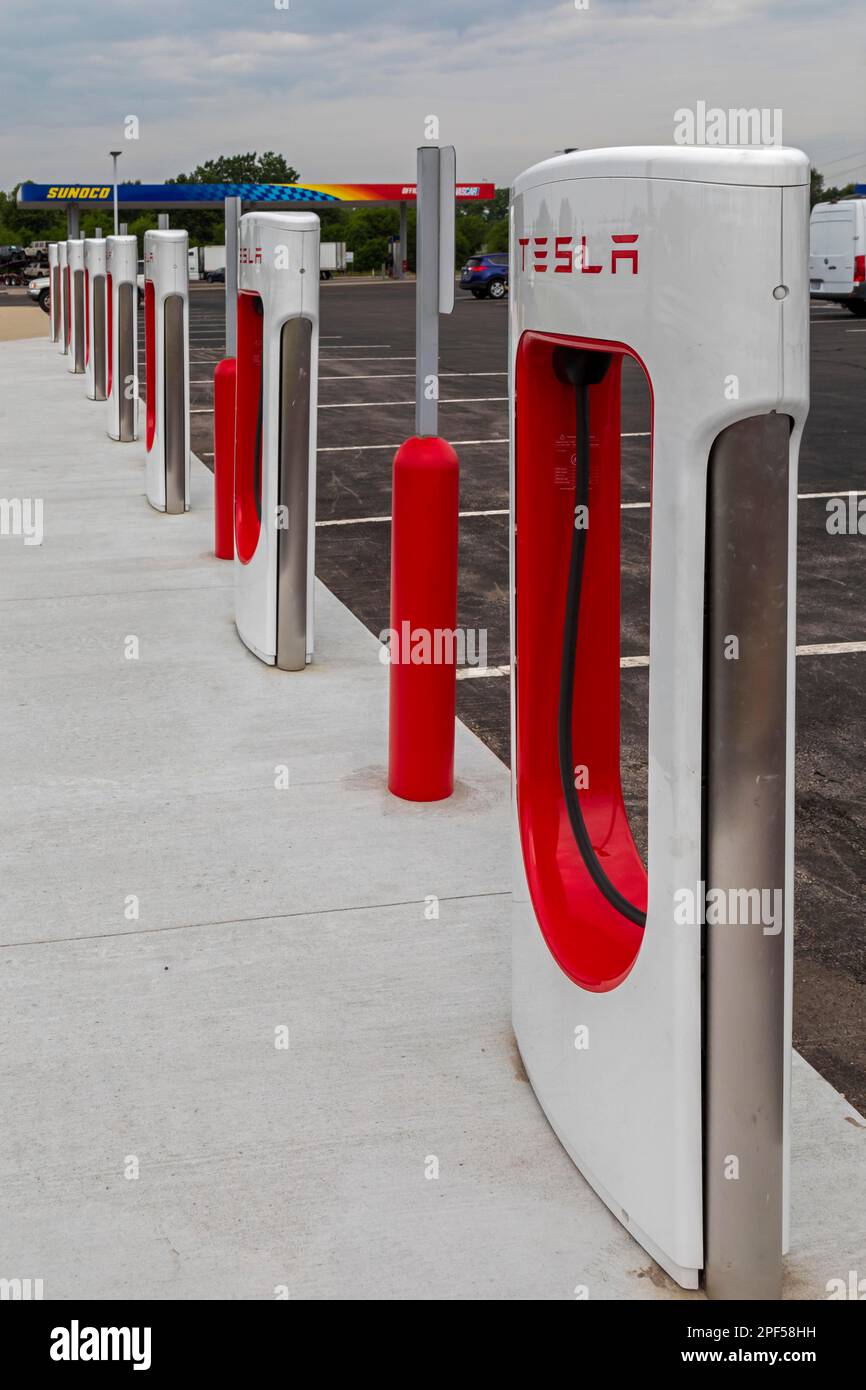 Elkhart, Indiana, Charging stations for Tesla electric vehicles next to