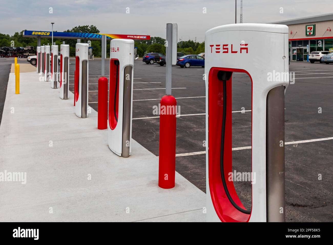 Elkhart, Indiana, Charging stations for Tesla electric vehicles next to