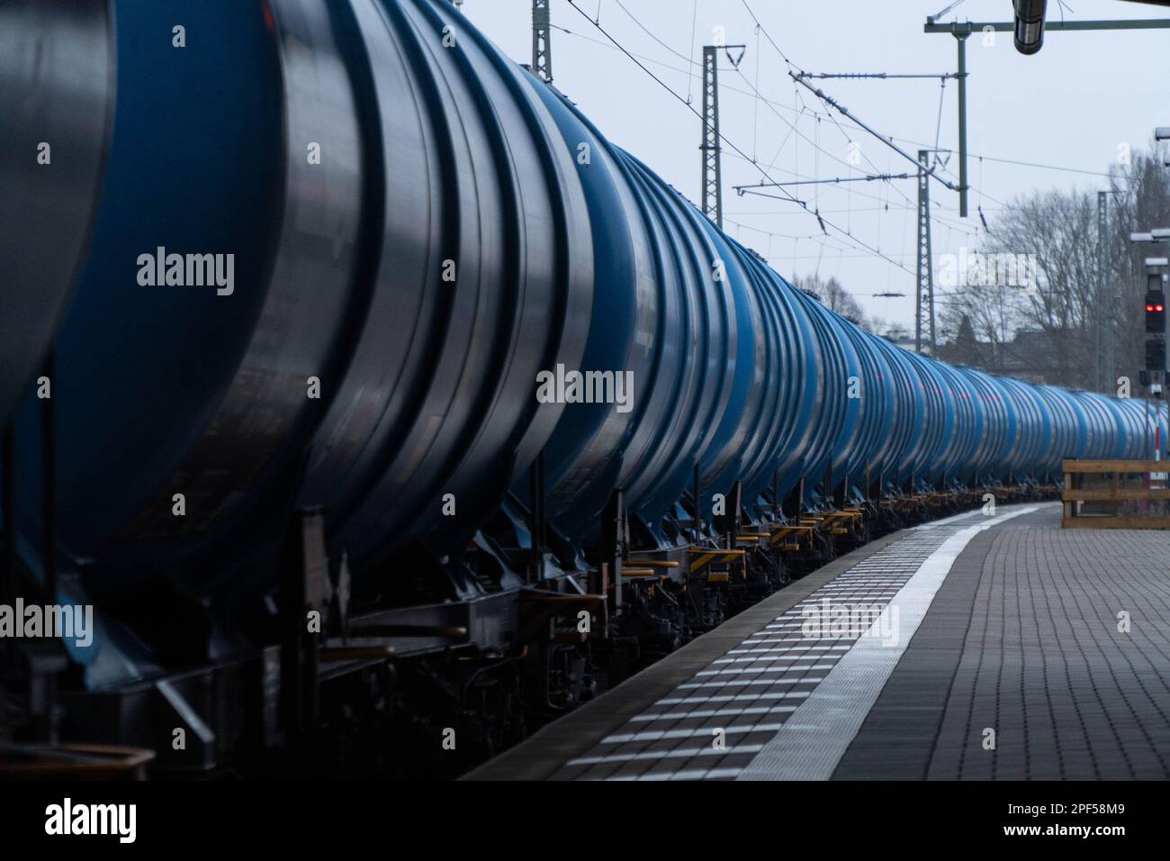 A series of blue train cars arranged in a line at a railway station