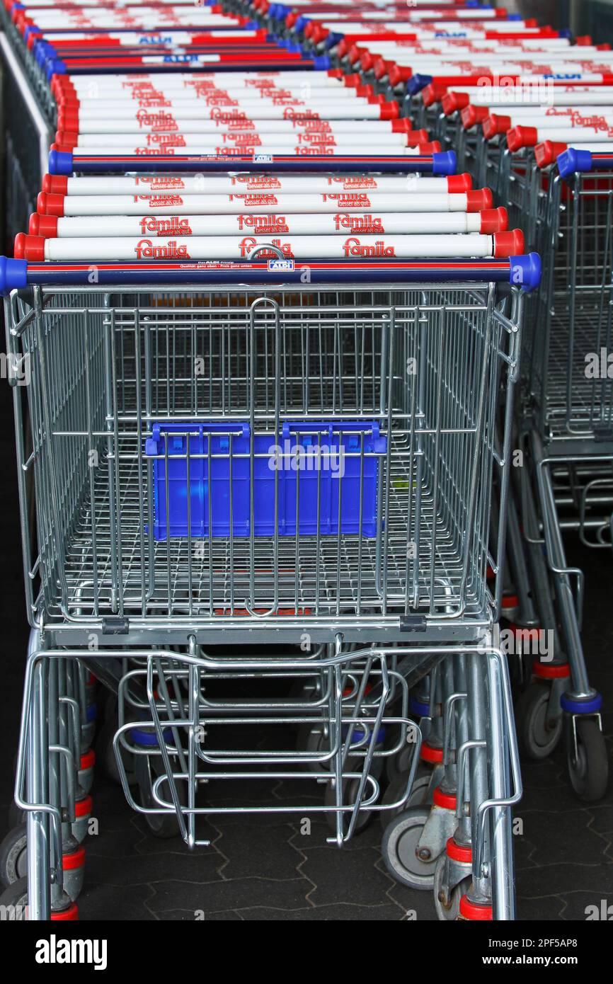 Shopping trolleys of the supermarkets and department store chains Aldi