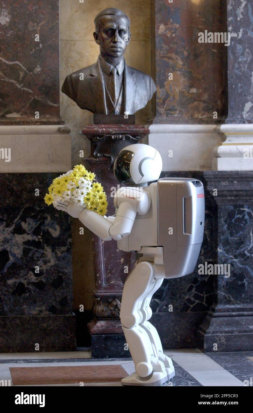 Asimo, a 1.2meter (4foot) tall humanoid robot designed by Honda, brings flowers to the bust of