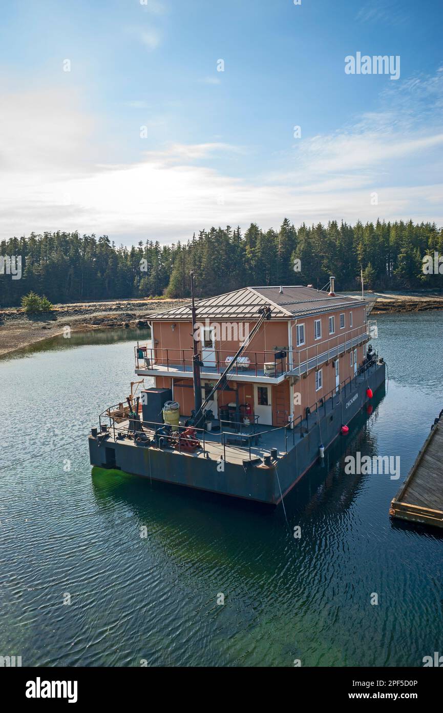 Chickaman barge crew quarters barge docked at False Island work camp on the Tongass National Forest, Alaska, USA. Stock Photo