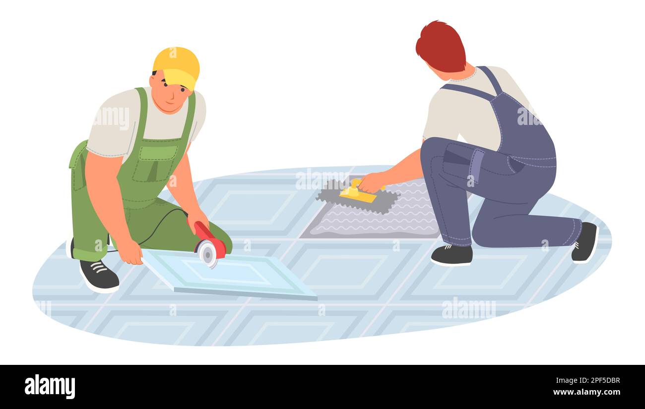 Two tiler workman putting ceramic tile vector illustration Stock Vector